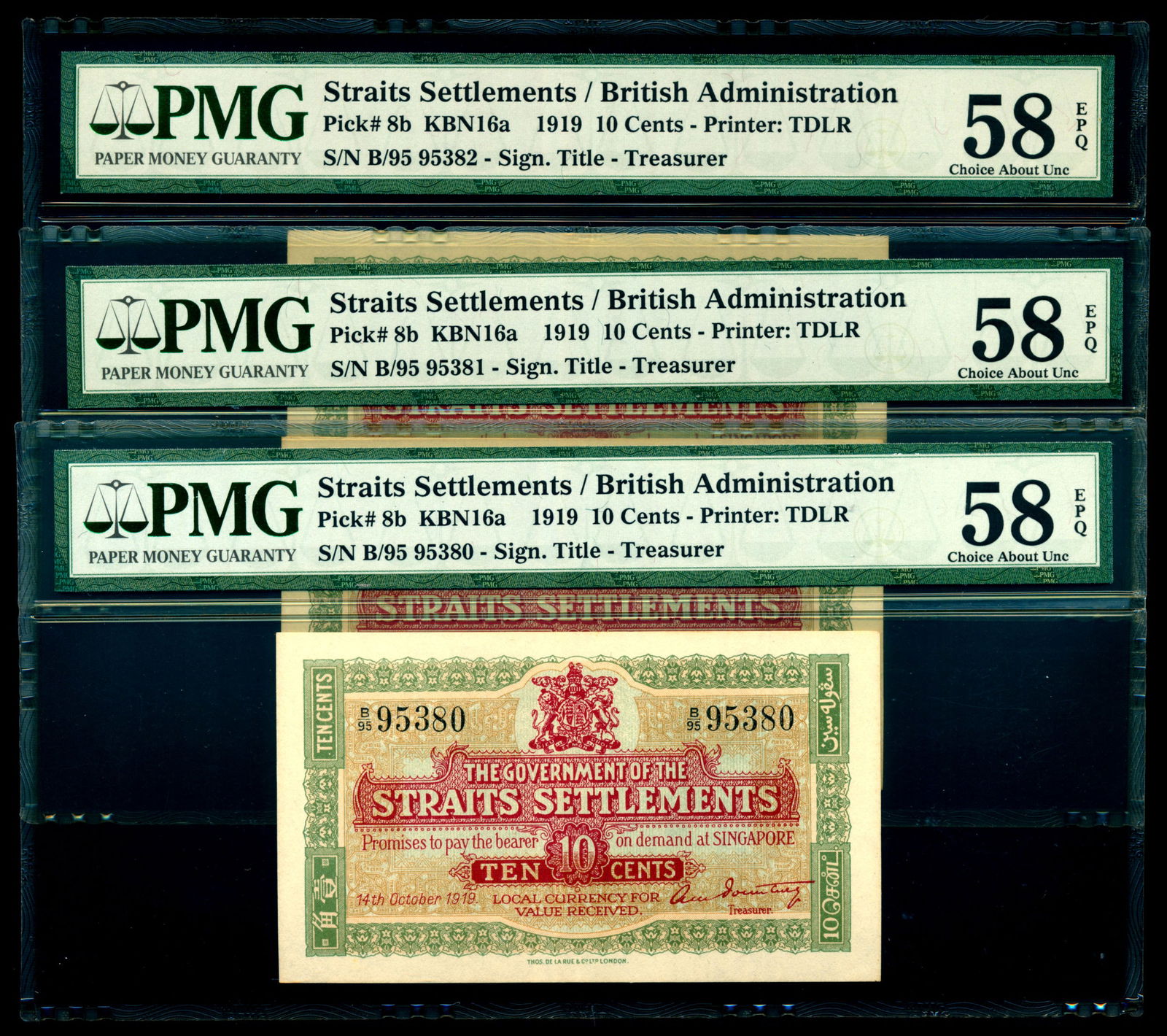 Straits Settlements 3x10c 1919 Treasurer PMG (1 of 1)