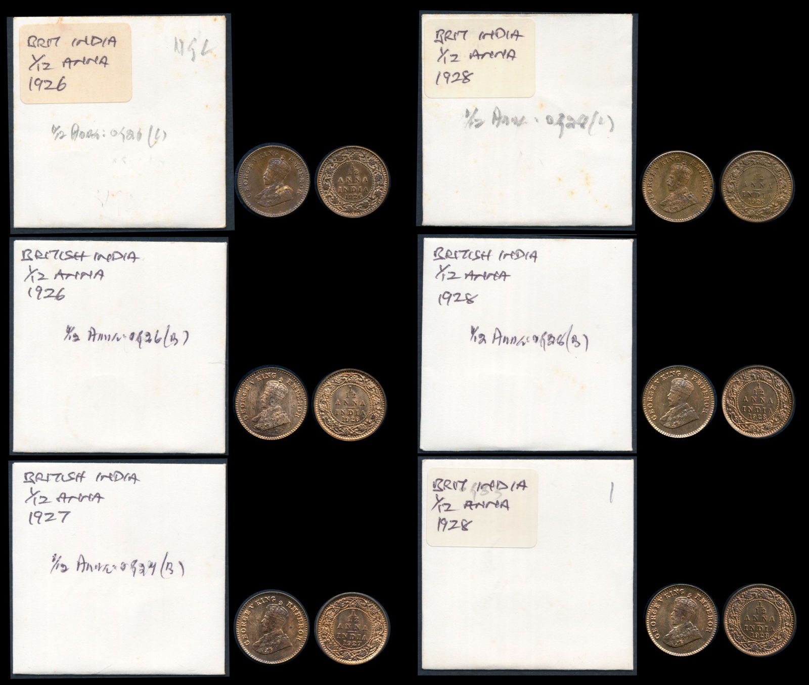 6 India KGV 1/12 Anna 1926-28: India British India, George V, 1/12 Anna, 1926(2), 1927, 1928(3); bagmarks, hairlines, toned, eks., generally AU-UNC. From the Sinnathuray Family Collection. Together with annotated coin envelopes. Co