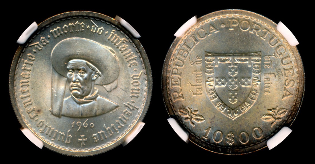 Portugal 10 Escudos 1960 NGC: Portugal 10 Escudos, (KM.588), 1960, Henry the Navigator, NGC MS63. From the Sinnathuray Family Collection.