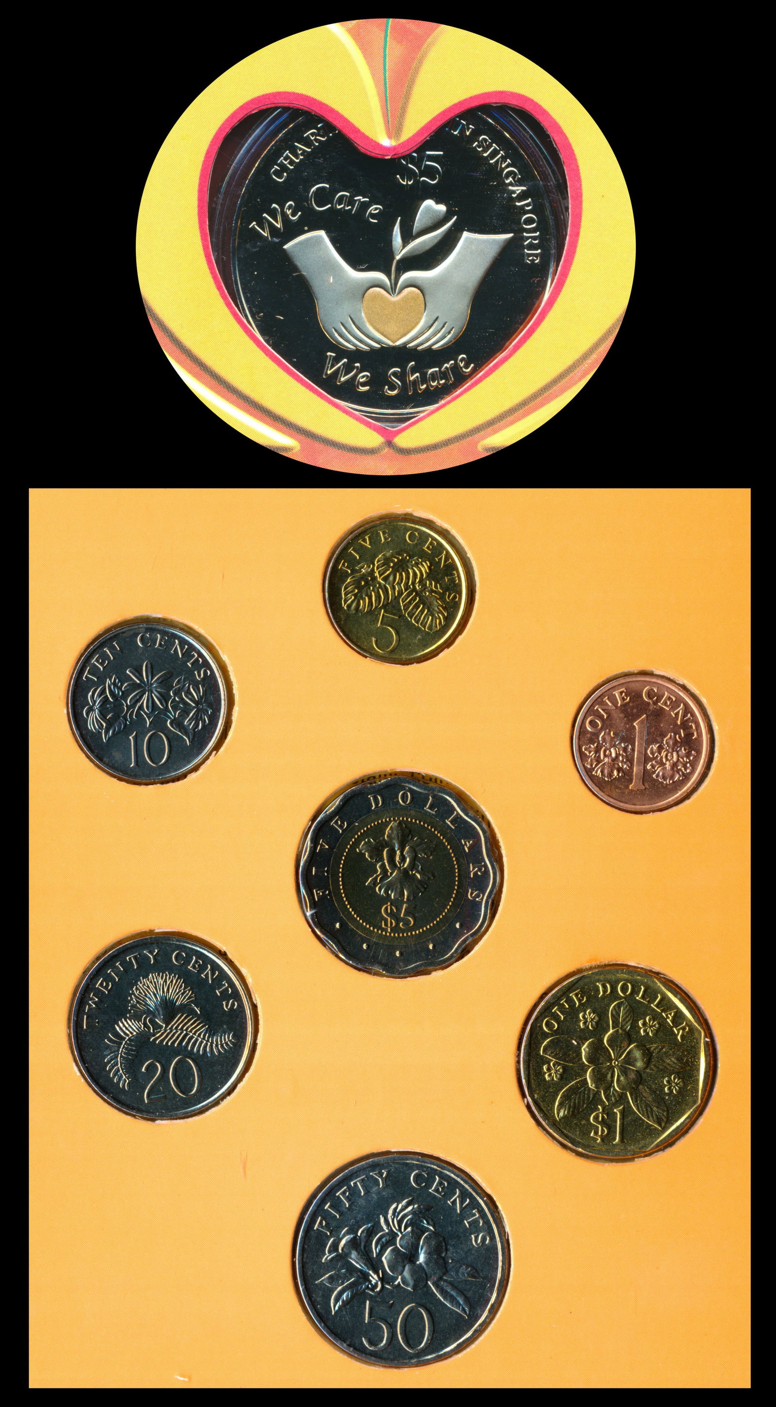 Singapore $5 1998 1c-$5 1992: Singapore $5, (KM.163), 1998, copper-nickel, Charity Work, in original presentation folder (some damage); Cent to $5, (KM.MS29), 1992 uncirculated coin set, in BCCS packaging (some damage). The $5 coi