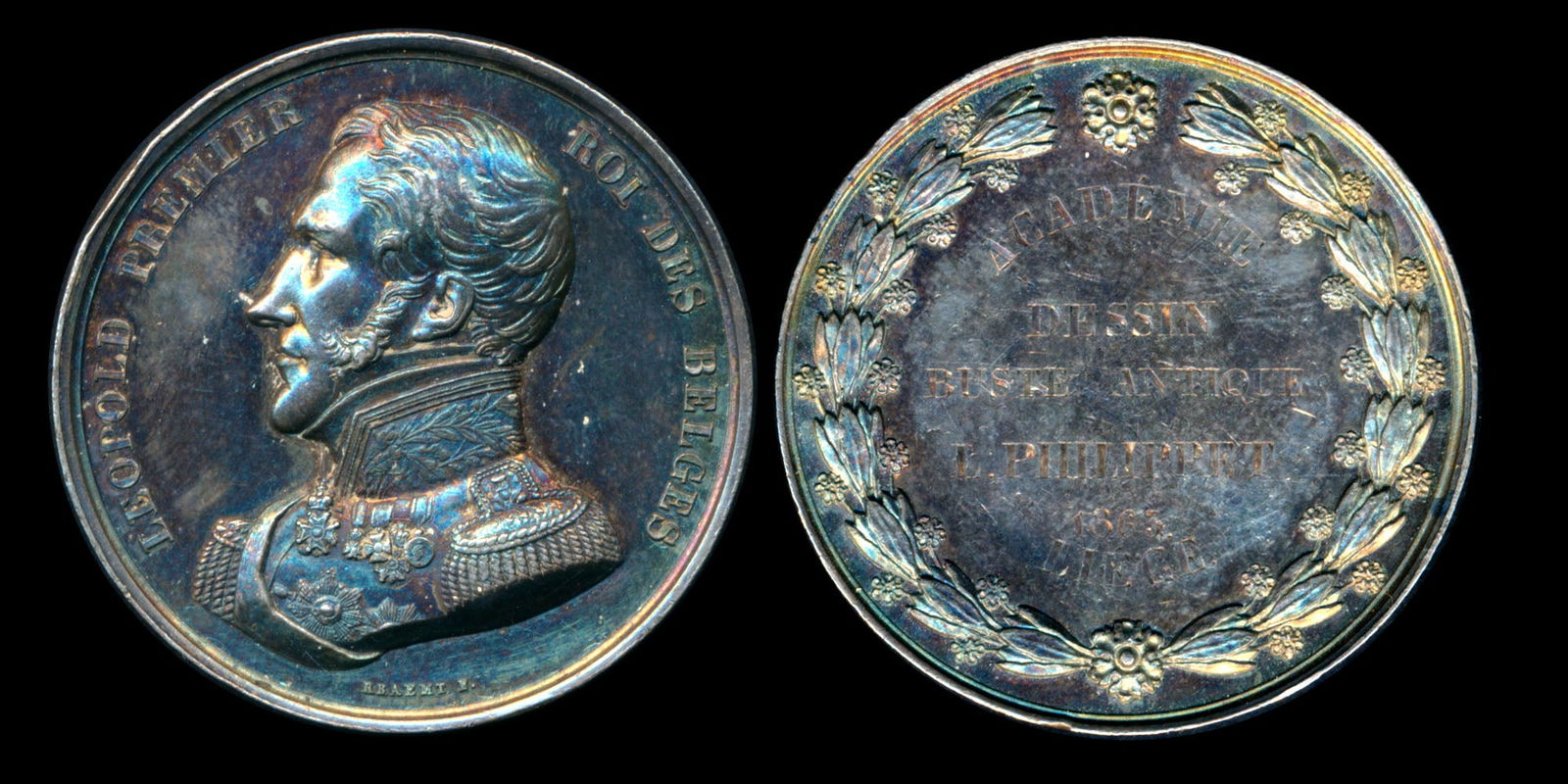 Belgium Silver Liege Art Academy Award Medal: Belgium Silver Liege Art Academy Award Medal, "LEOPOLD PREMIER ROI DES BELGES", "ACADEMIE DESSIN BUSTE ANTIQUE E. PHILIPPET 1863 LIEGE", high relief military uniform, rainbow toned, choice uncirculate