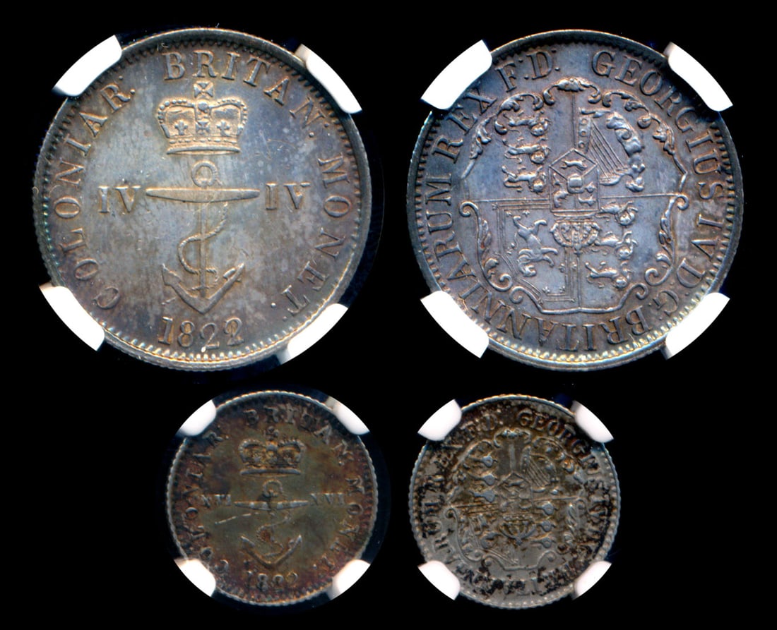 BWI 1/16 Dollar 1822 1/4 Dollar 1822/1: British West Indies 1/16 Dollar, (KM.1), 1822, NGC AU Details - obv scratched. ex-Sinnathuray Collection; 1/4 Dollar, (KM.3), 1822/1, NGC AU Details - cleaned. (2)