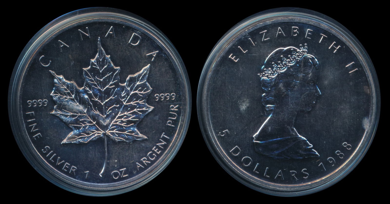 Canada QEII $5 1988 silver PCGS: Canada Elizabeth II, $5, (KM.163), 1988, silver, maple leaf, PCGS MS64. Collectible first year maple leaf.