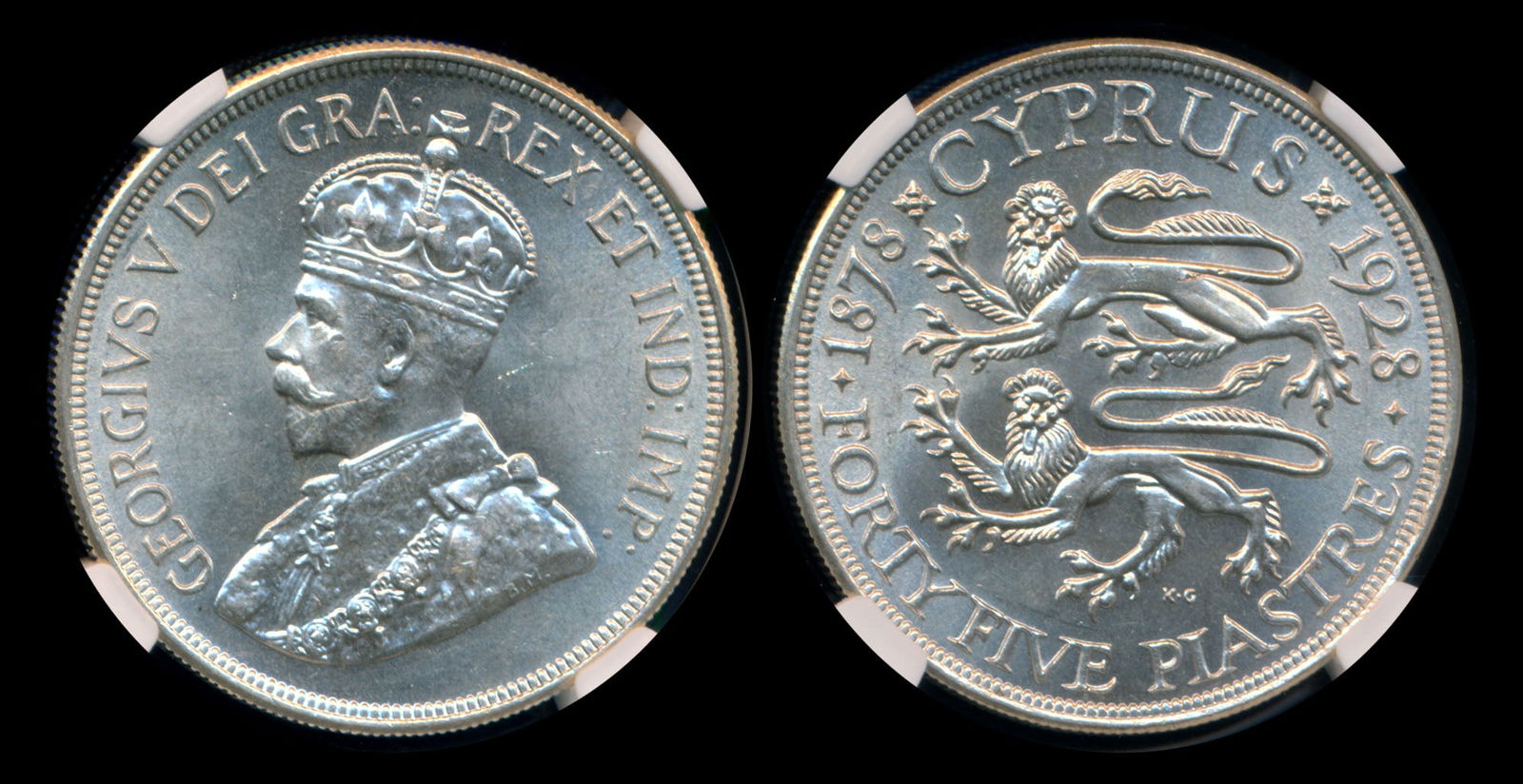 Cyprus KGV 45 Piastres 1928 NGC (1 of 1)