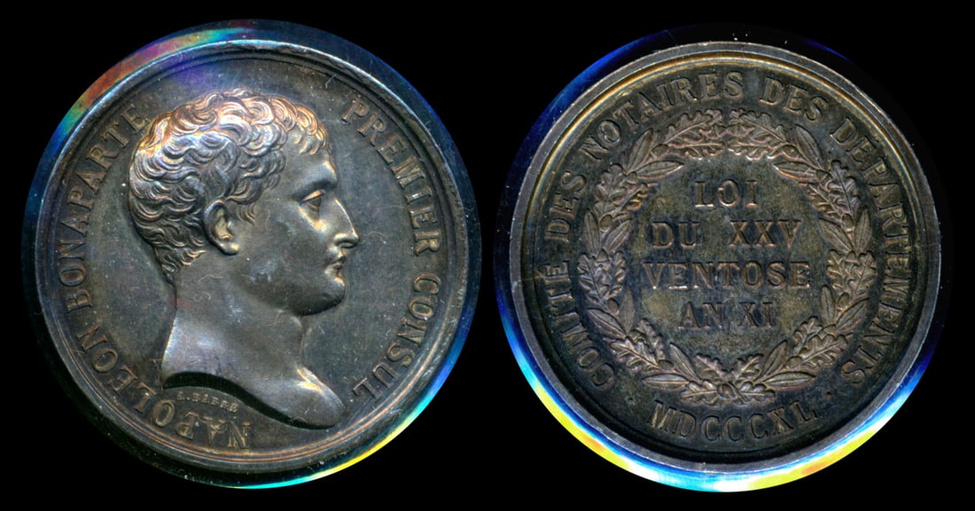 France medal Napoleon Premier Legal Dept: France Silver medal, Napoleon Premier Legal Department Notaries, 1800, 31mm, by A. Barre. High relief bust, rainbow toned. AU-UNC.