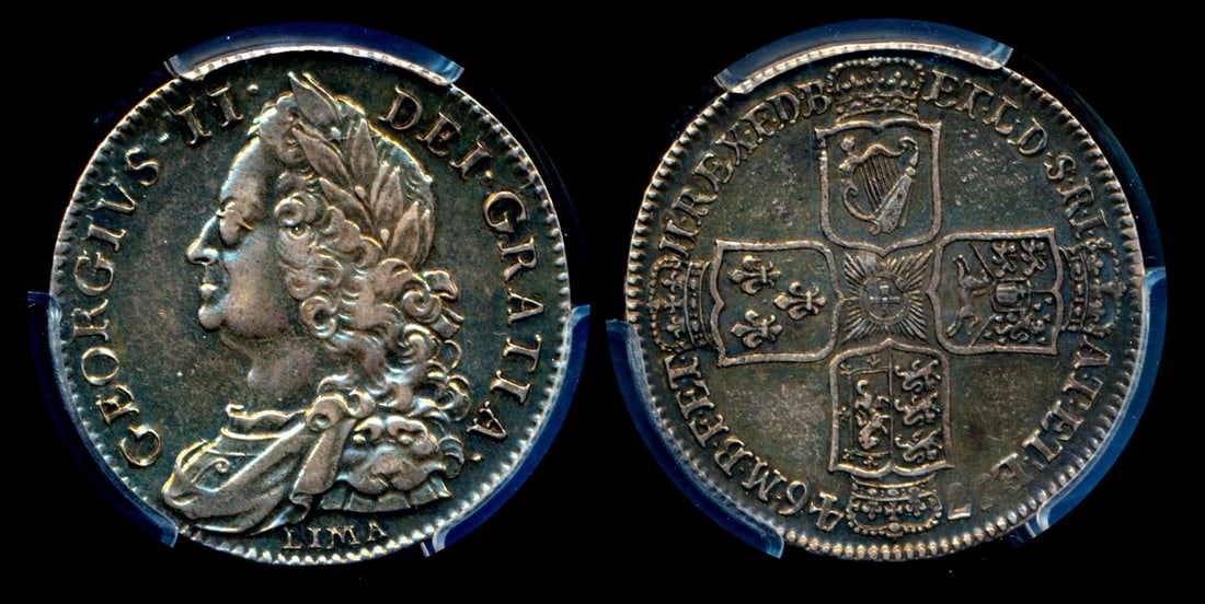 Great Britain KGII 1/2 Crown 1746 PCGS: Great Britain George II, Half Crown, (KM.584.3; S-3695A), 1746, LIMA type, PCGS AU50. Scarce.