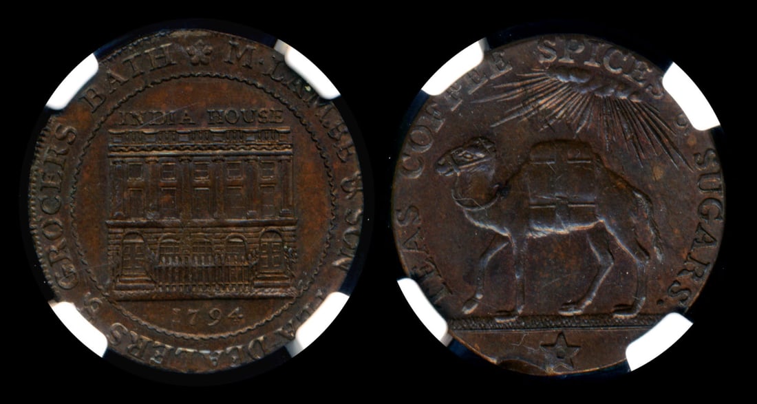 Great Britain 1/2 Penny 1794 Token NGC: Great Britain Somersetshire, Half Penny, 1794, D&H-50E, Bath. Edge: YORK BUILT A.M. 1223. Token, NGC MS63BN.