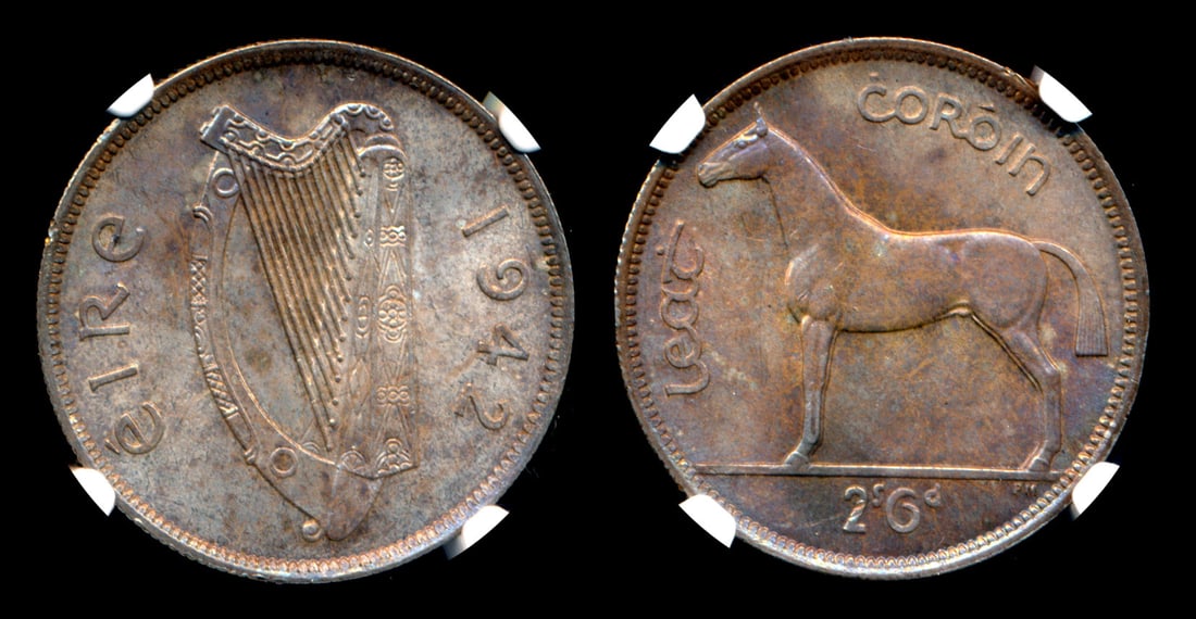 Ireland 1/2 Crown 1942 NGC: Ireland Half Crown, (KM.16), 1942, NGC MS65. Very high grade.