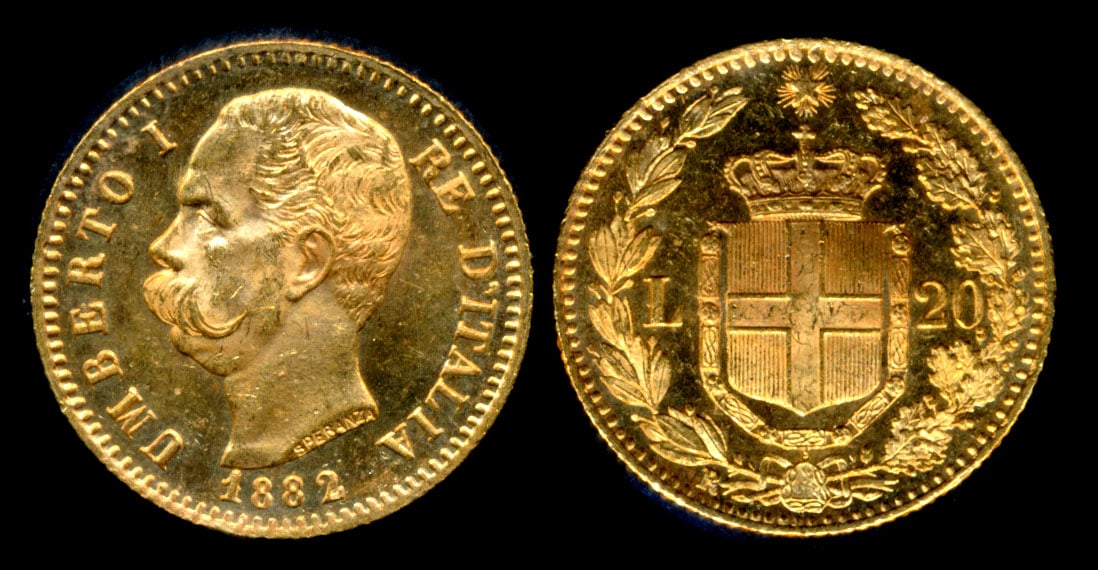 Italy Umberto 1 20 Lira 1882R gold: Italy Umberto 1, 20 Lira, (KM.21), 1882R, gold, hairlines, bagmarks, GEF.
