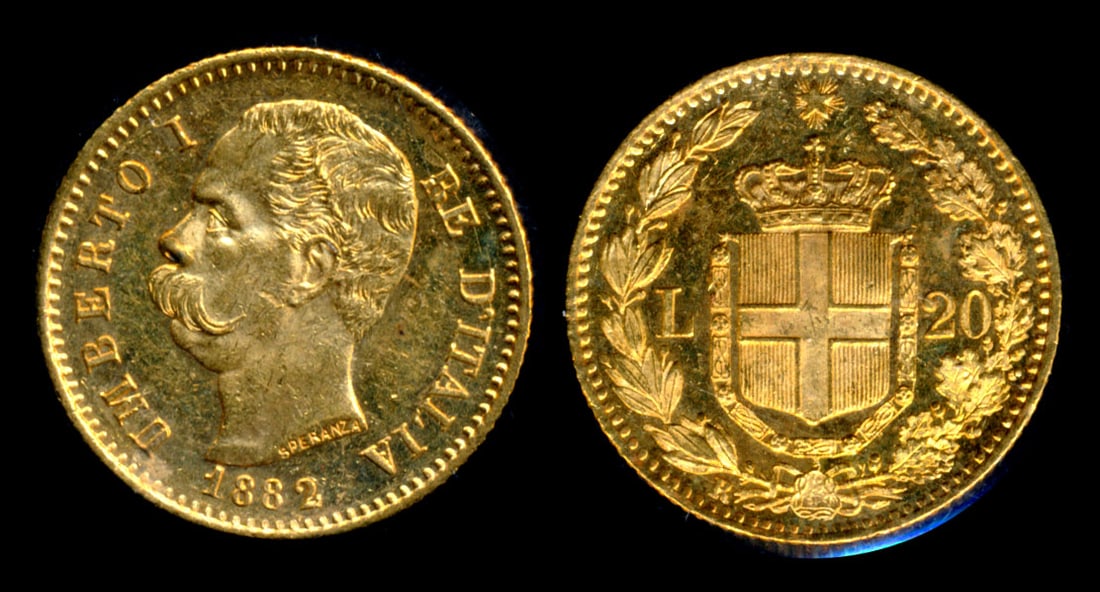 Italy Umberto 1 20 Lira 1882R gold: Italy Umberto 1, 20 Lira, (KM.21), 1882R, gold, hairlines, bagmarks, GEF.