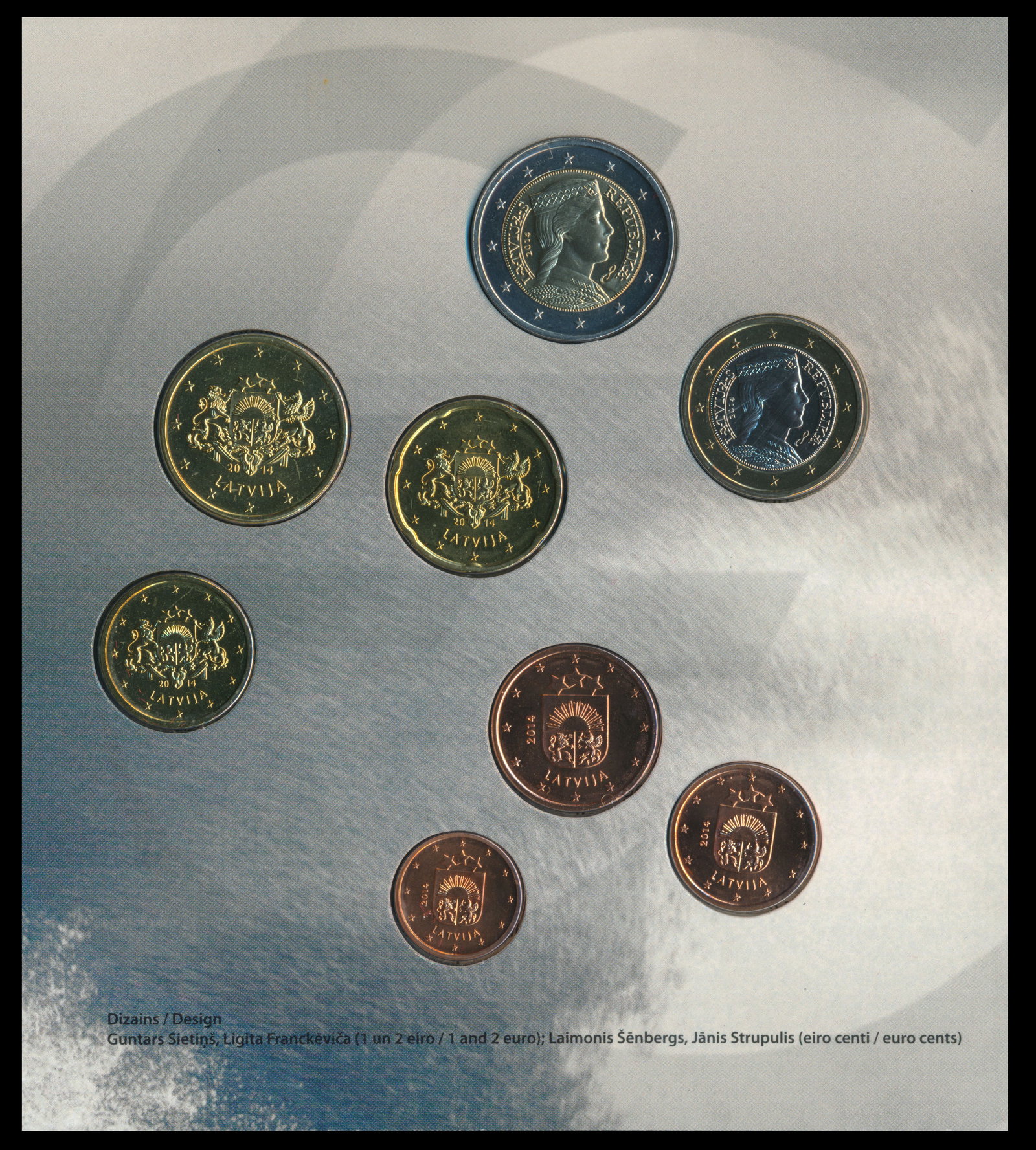 Latvia Set of 8 euro coins 2014: Latvia Set of 8 euro coins 2014Latvia Set of 8 euro coins, 2014, comprises 1, 2, 5, 10, 20, 50 euro cent, 1 euro and 2 euro, brilliant uncirculated, sealed in a presentation folder titled "LATVIAN COI