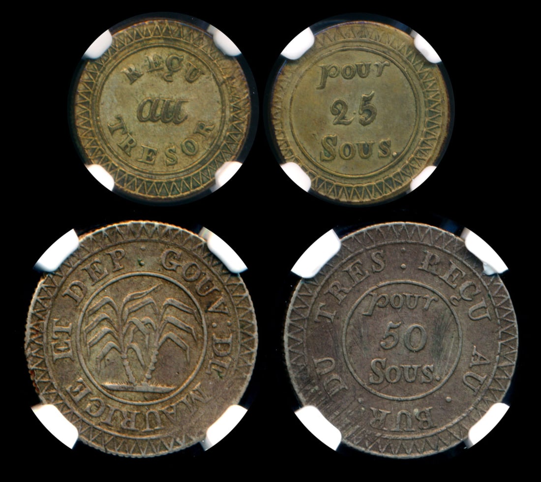 2 Mauritius 25 Sous-50 Sous 1822 NGC: Mauritius 25 Sous, (KM.1), ND (1822), NGC AU50. ex-Sinnathuray Collection; 50 Sous, (KM.2), ND (1822), NGC XF Details - scratches. (2)