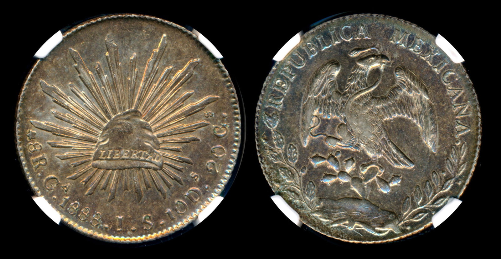 Mexico Republic 8 Reales 1888GA JS NGC: Mexico Republic, 8 Reales, (KM.377.6), 1888GA JS, NGC AU58.