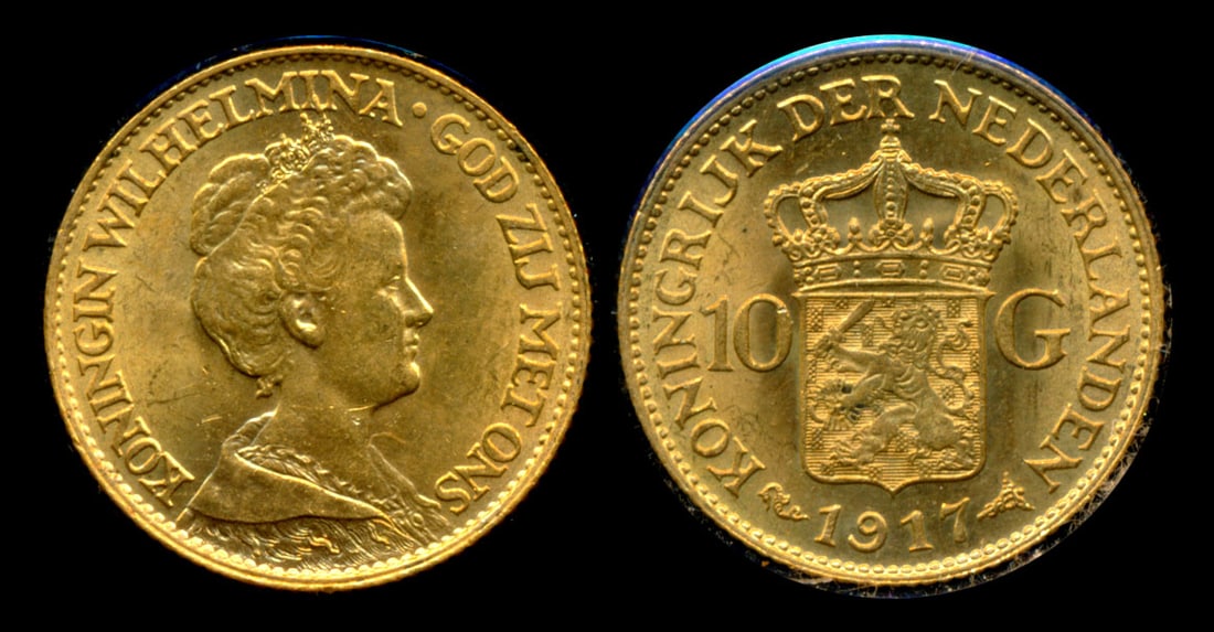 Netherlands Wilhelmina 10 Gulden 1917 gold (1 of 1)