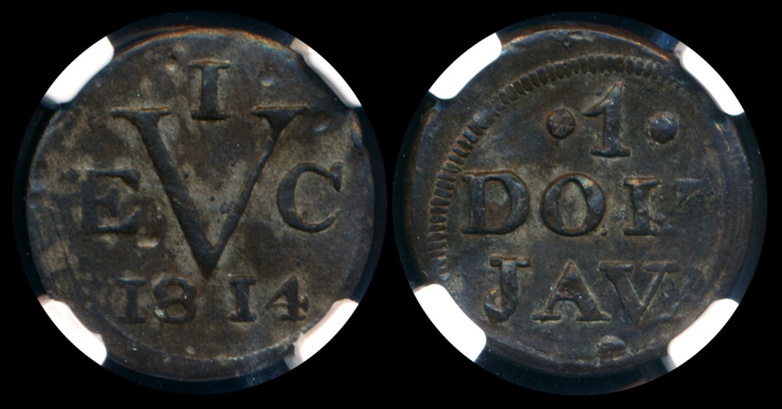 Netherlands East Indies Duit 1814 NGC: Netherlands East Indies Java, Duit, (KM.244), 1814, VEIC, NGC AU53.