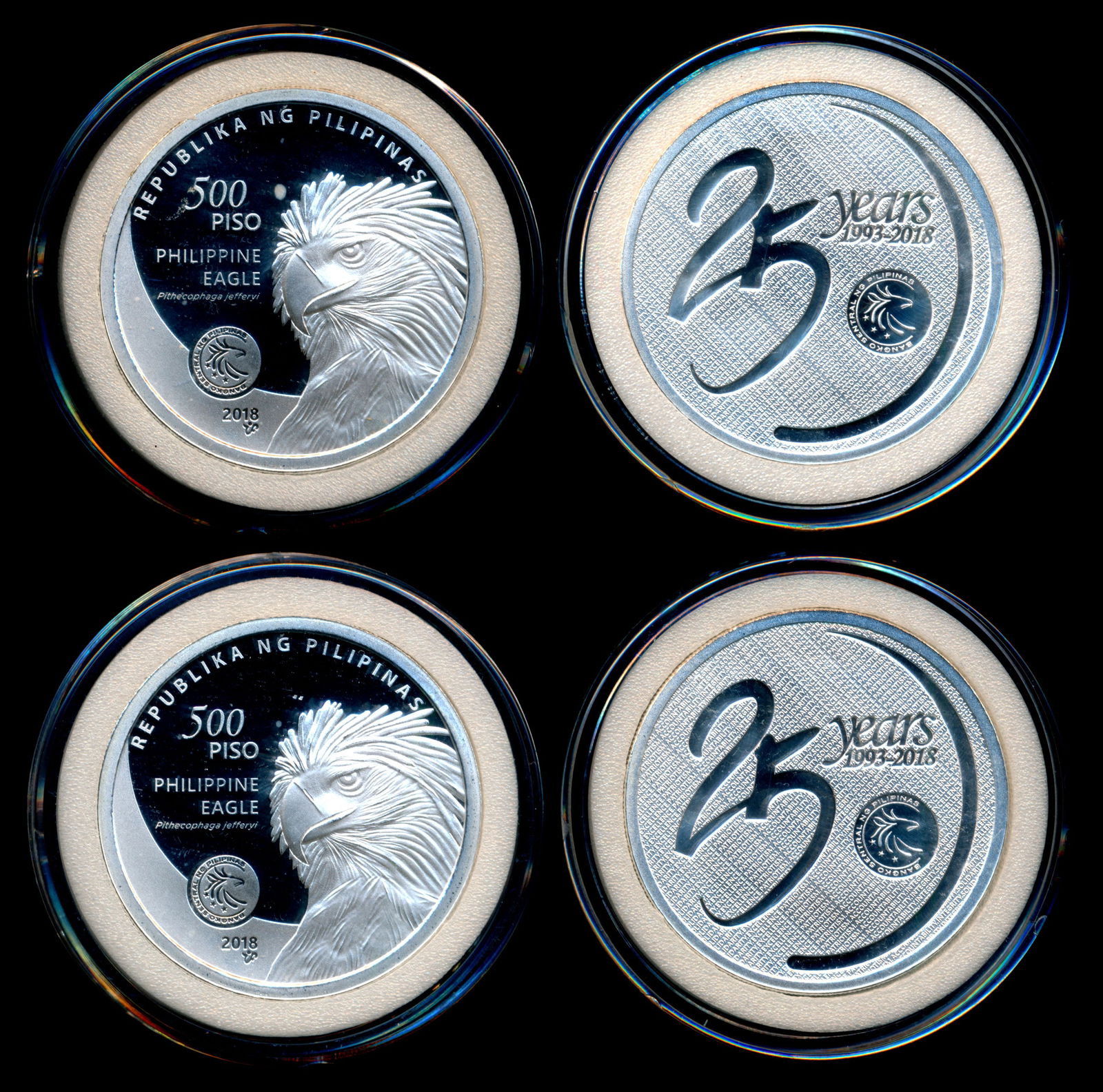 2 sets Philippines 500 Piso 2018 proof-like: 2 sets Philippines 500 Piso 2018 proof-likePhilippines 500 Piso, (KM.310), 2018, proof-like, non-circulation legal tender silver coin, commemorative, 25th Anniversary of Bangko Sentral ng Pilipinas, 9