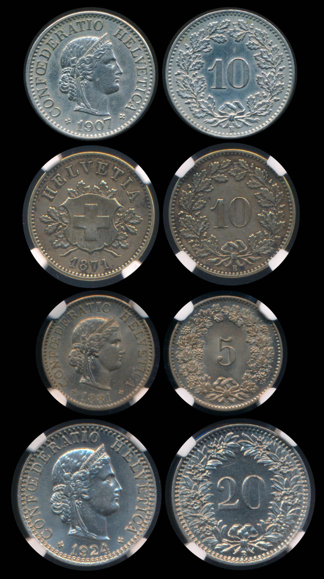4 Switzerland 5 Rappen-20 Rappen 1871-1924: Switzerland 5 Rappen, (KM.26), 1881B, NGC MS65; 10 Rappen, (KM.6), 1871B, NGC AU Details - cleaned; 10 Rappen, (KM.27), 1907B, hairlines, AU-UNC; 20 Rappen, (KM.29), 1924B, NGC MS63. (4)