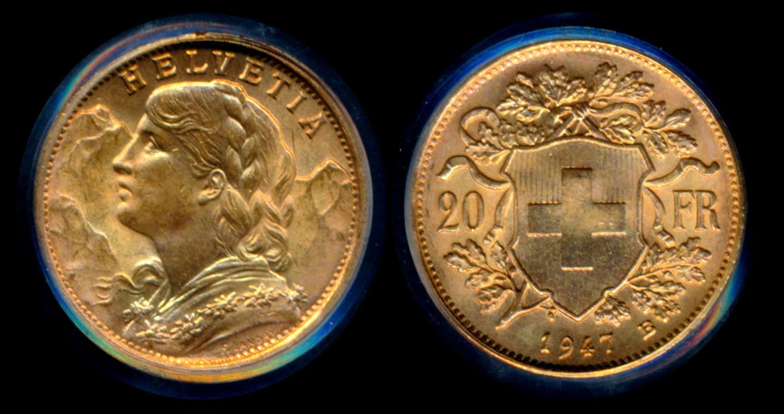 Switzerland 20 Francs 1947B gold PCGS: Switzerland 20 Francs, (KM.35.2), 1947B, gold, PCGS MS64.