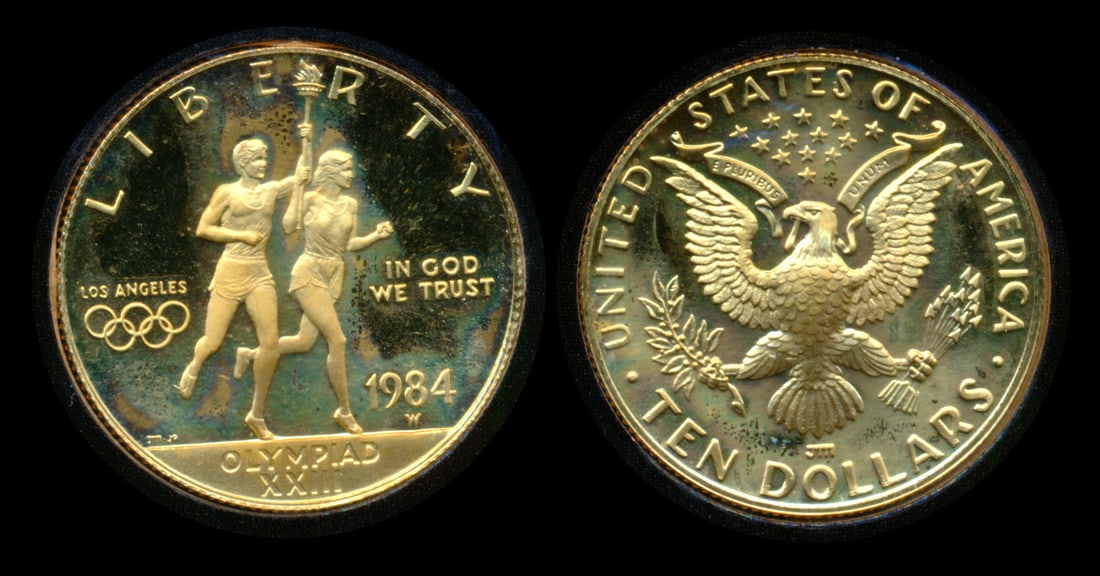 United States $10 1984 gold: United States $10, 1984, (KM.211), gold, commemorative, 1984 Summer Olympics, Los Angeles, in official US Olympic Coin holder. Authorized by US Olympic Committee.