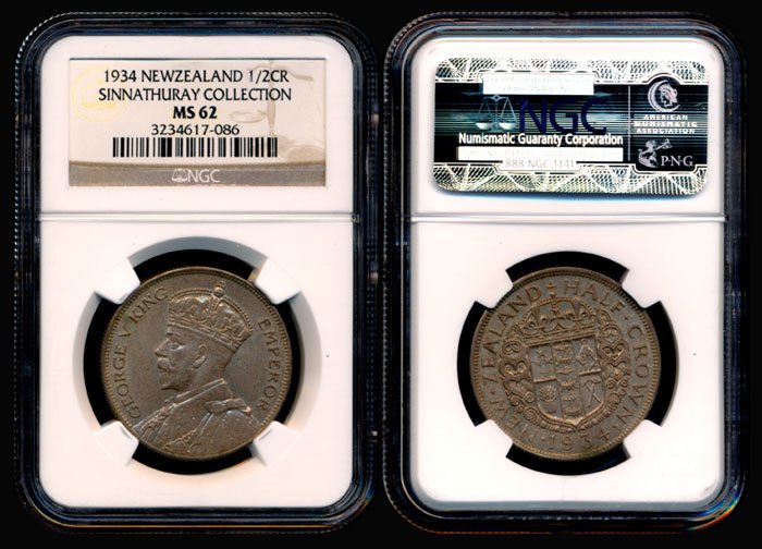 New Zealand KGV 1/2Crown 1934 NGC MS62: New Zealand George V, Half Crown, (KM.5), 1934, NGC MS62. From the Sinnathuray Family Collection.
