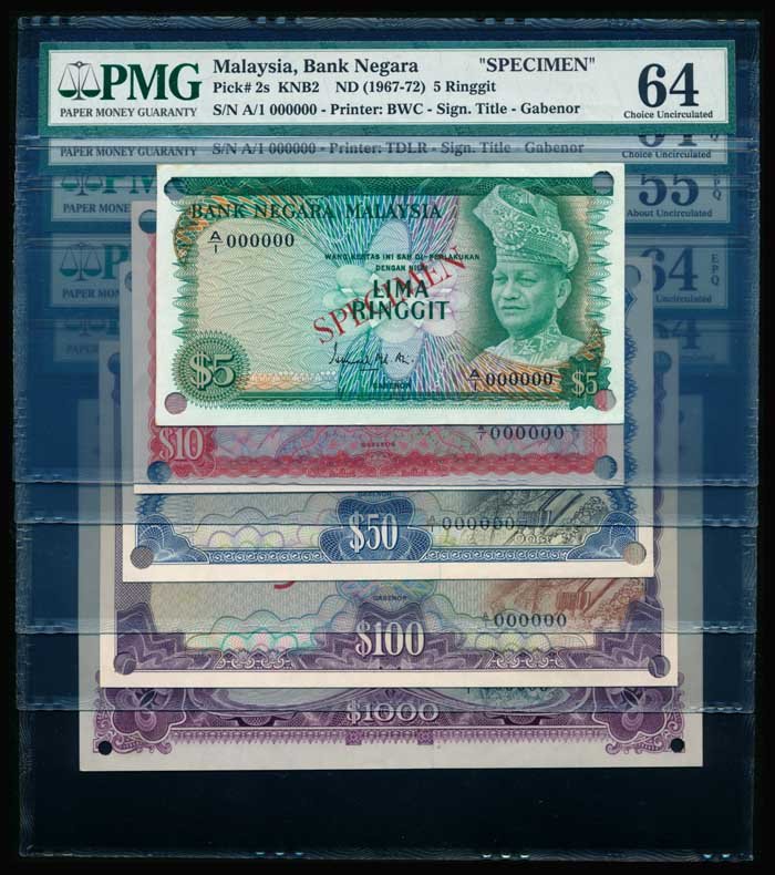 Malaysia $5-$1000 1967-72 specimen (5): Malaysia $5, $10, $50, $100, $1000, (1967-72), 1st series, sign. Ismail Md. Ali, solid security thread, (KNB.2, 3, 4, 5, 6), specimen, same serial no. A/1 000000, first prefix, "SPECIMEN" ovpt., hole 