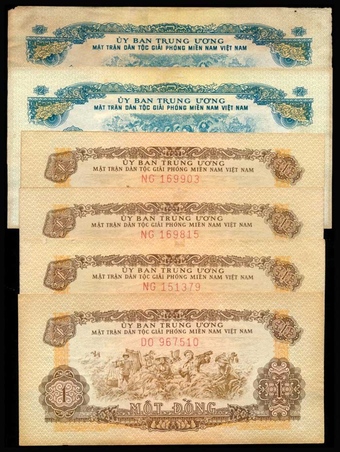 Viet Nam/South 1Dongx4 2Dongx2 1963 (6): Viet Nam/South Uy Ban Trung U'O'ng, 1 Dong (4), 2 Dong (2), ND (1963), (P.R4, R5), serial nos. DO 967510, NG 151379, NG 169815, NG 169903, NA 533369, NA 538612 respectively, some with ageing, some wit