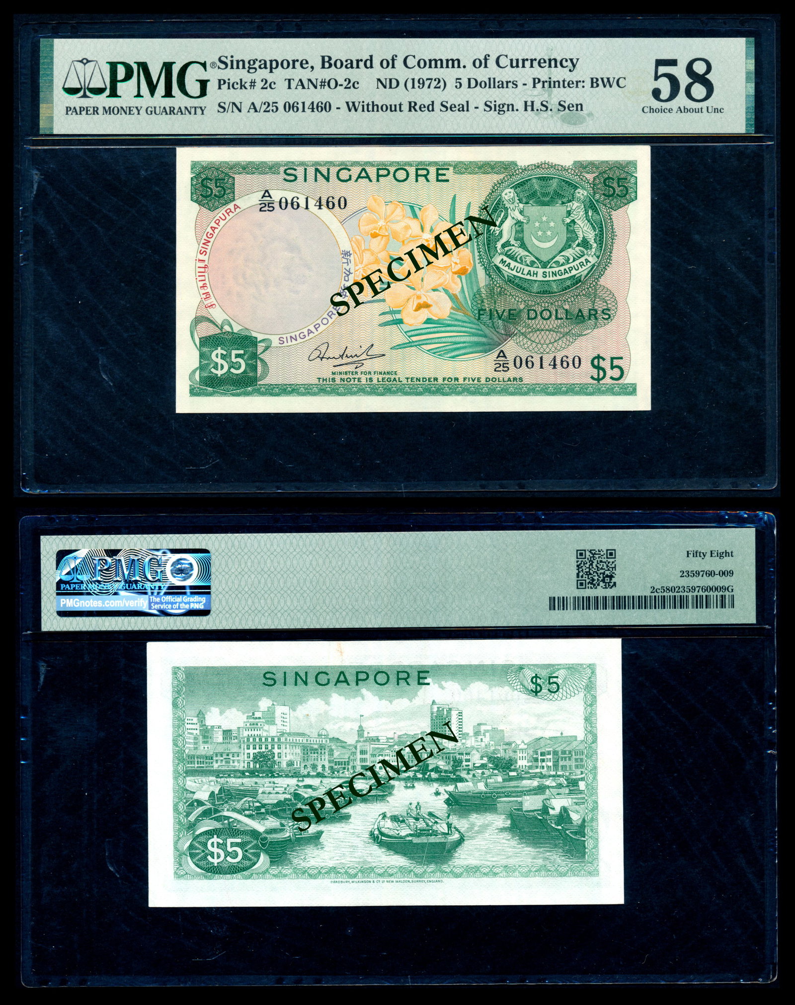 Singapore $5 1972 HSS w/o seal PMG: Singapore $5, (1972), orchids, sign. Hon Sui Sen without seal, serial no. A/25 061460, PMG Choice AU58.