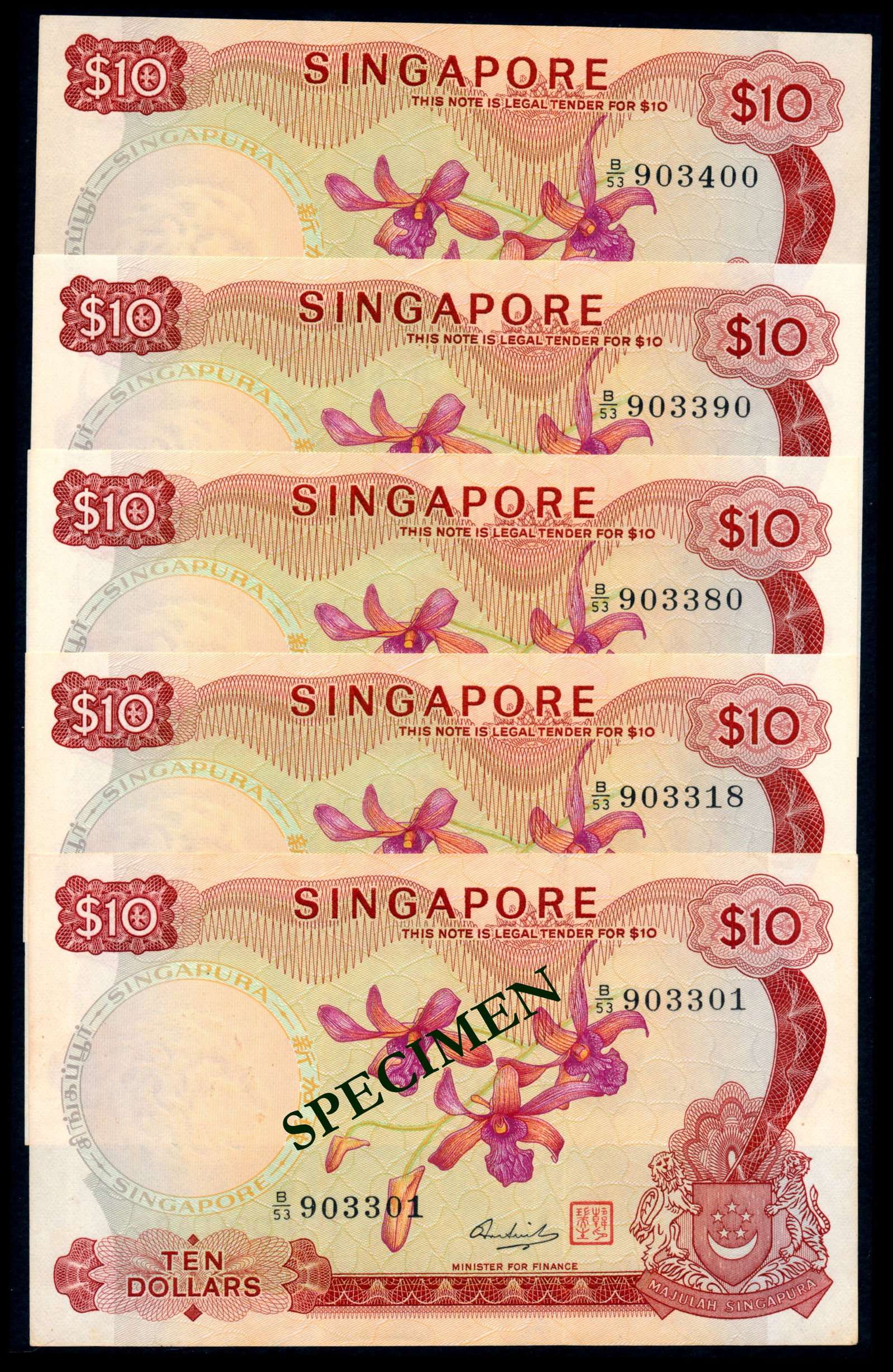 Singapore 100x$10 1973 HSS w/seal: Singapore $10, (1973), orchids, sign. Hon Sui Sen with seal, serial nos. B/53 903301 to 400, 100 consecutive notes, ageing, generally AU-UNC (100)