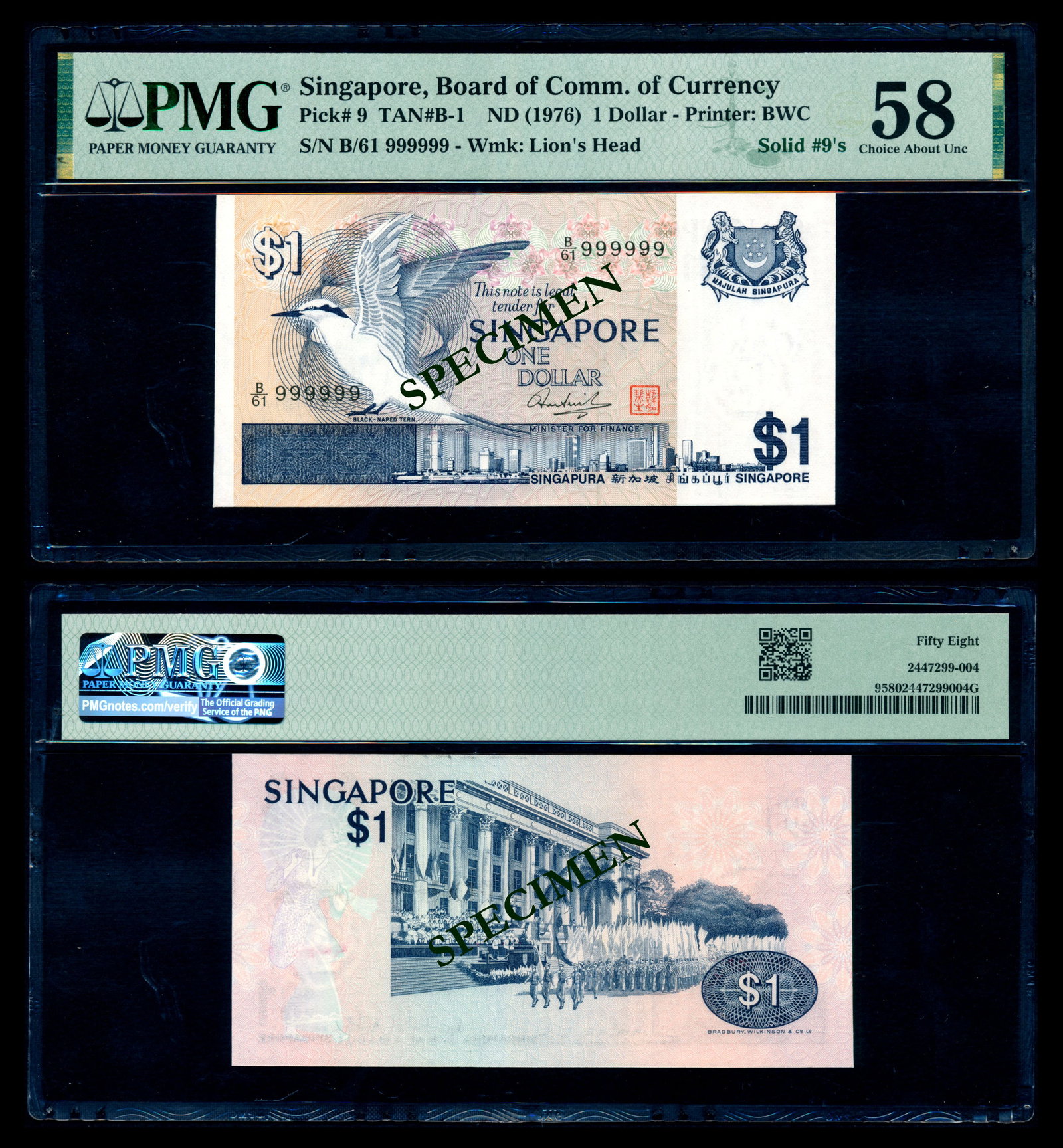 Singapore $1 1976 bird B/61 999999 PMG (1 of 1)
