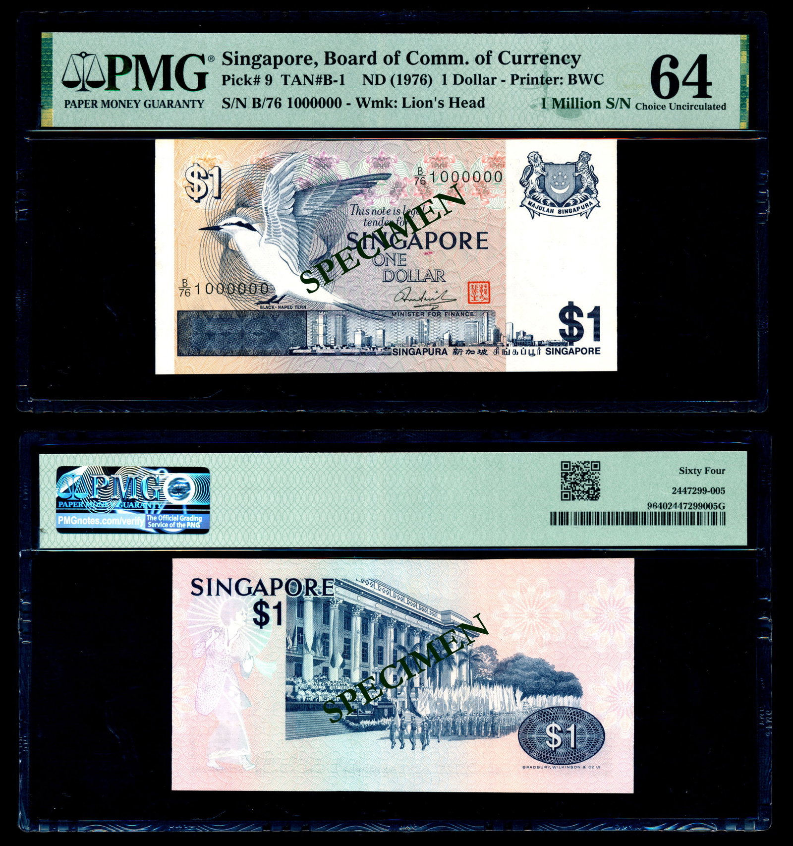 Singapore $1 1976 bird B/76 1000000 PMG (1 of 1)