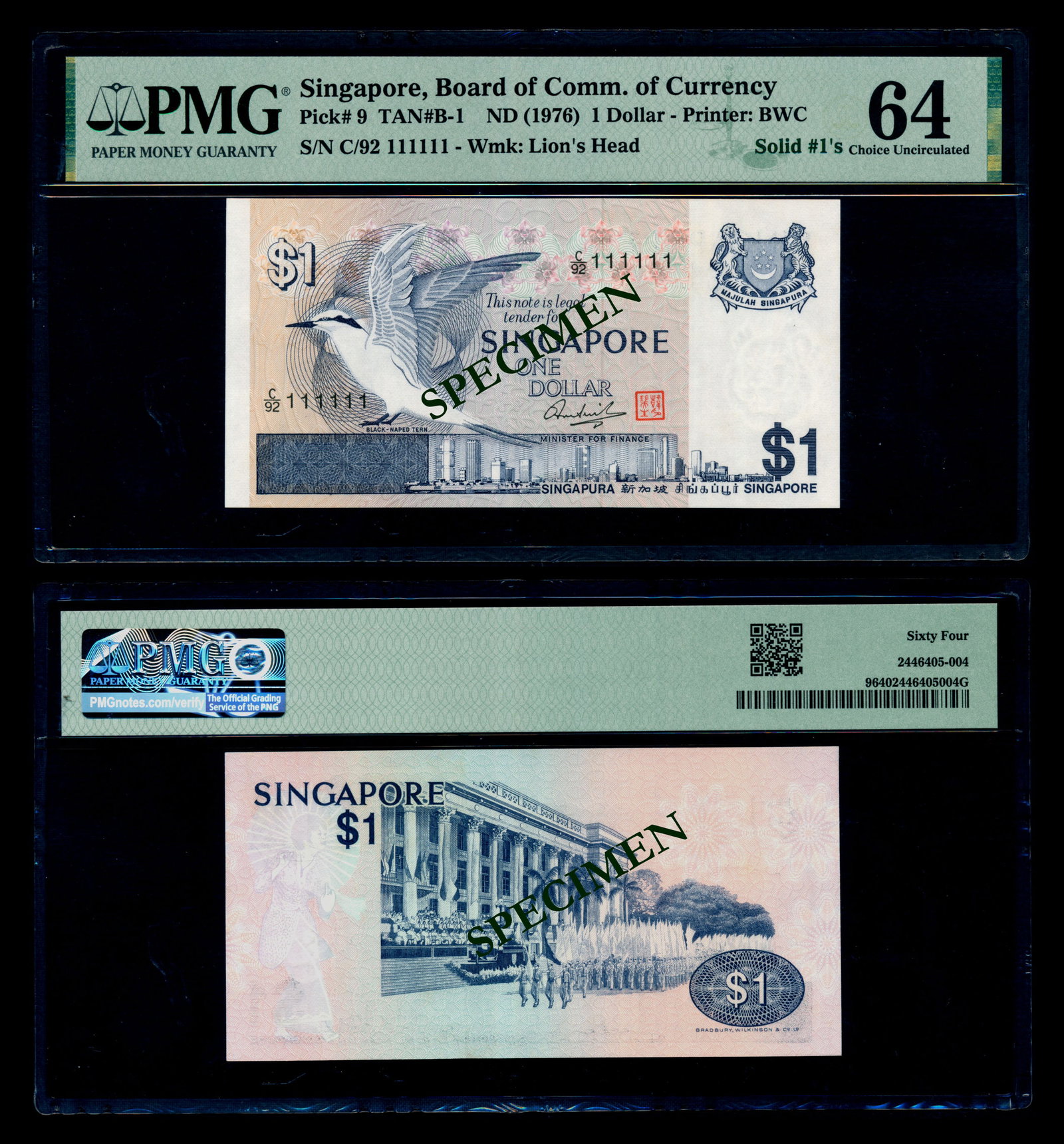 Singapore $1 1976 bird C/92 111111 PMG: Singapore $1, (1976), bird, serial no. C/92 111111, solid 1s, PMG Choice UNC64.