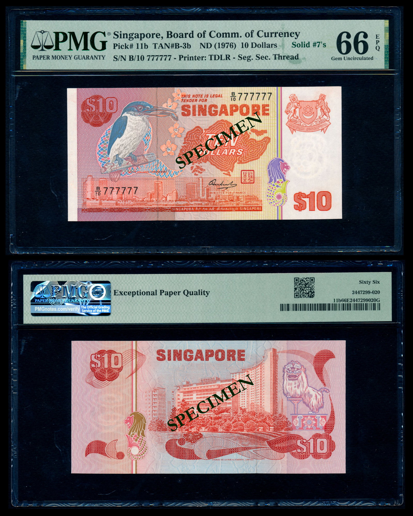 Singapore $10 1976 bird B/10 777777 PMG: Singapore $10, (1976), bird, segmented security thread, serial no. B/10 777777, solid 7s, PMG Gem UNC66EPQ.