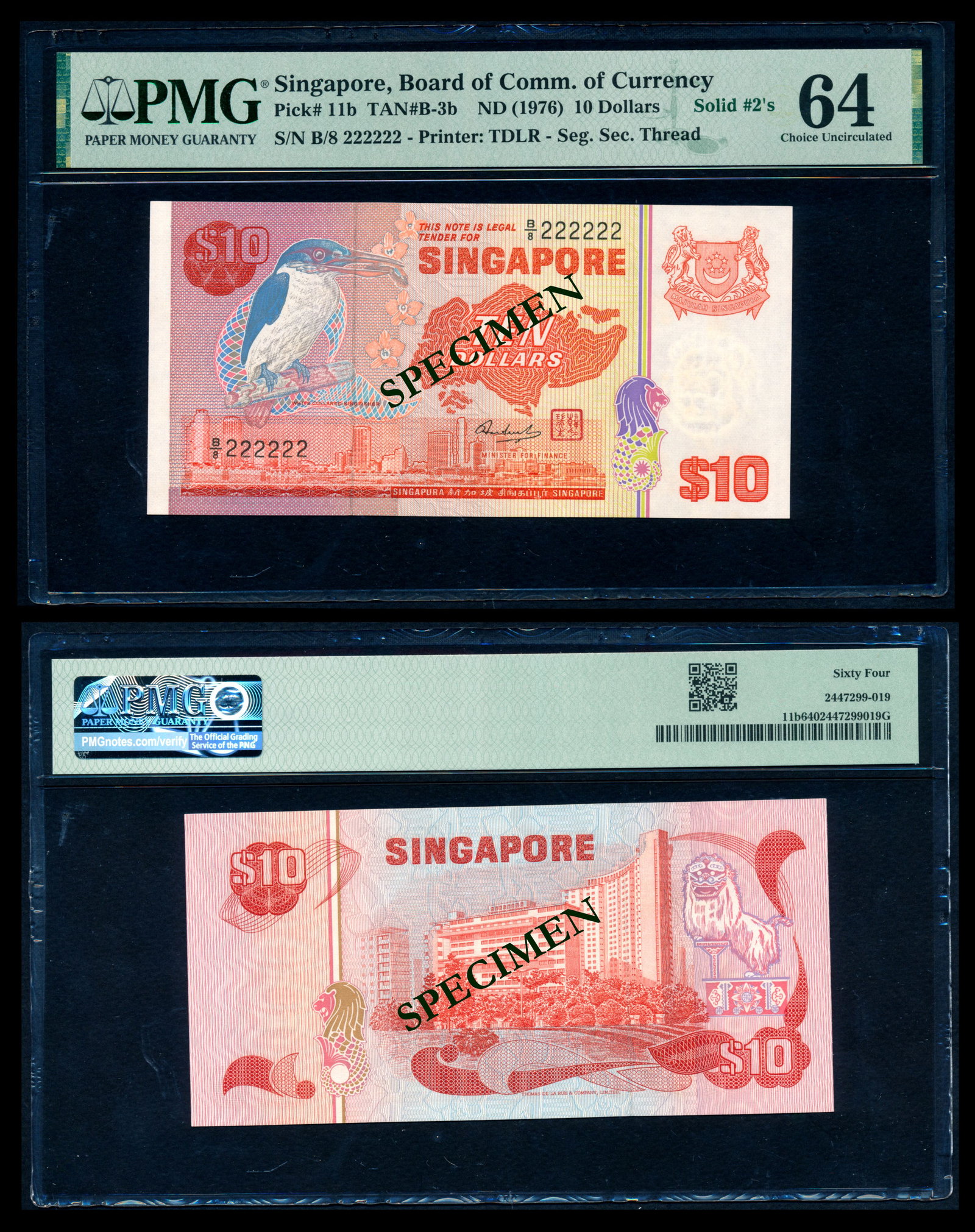 Singapore $10 1976 bird B/8 222222 PMG (1 of 1)