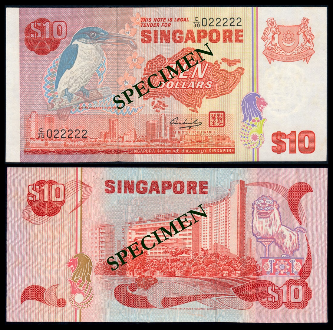 Singapore $10 1976 bird: Singapore $10, (1976), bird, segmented security thread, serial no. C/30 022222, ageing, AU.