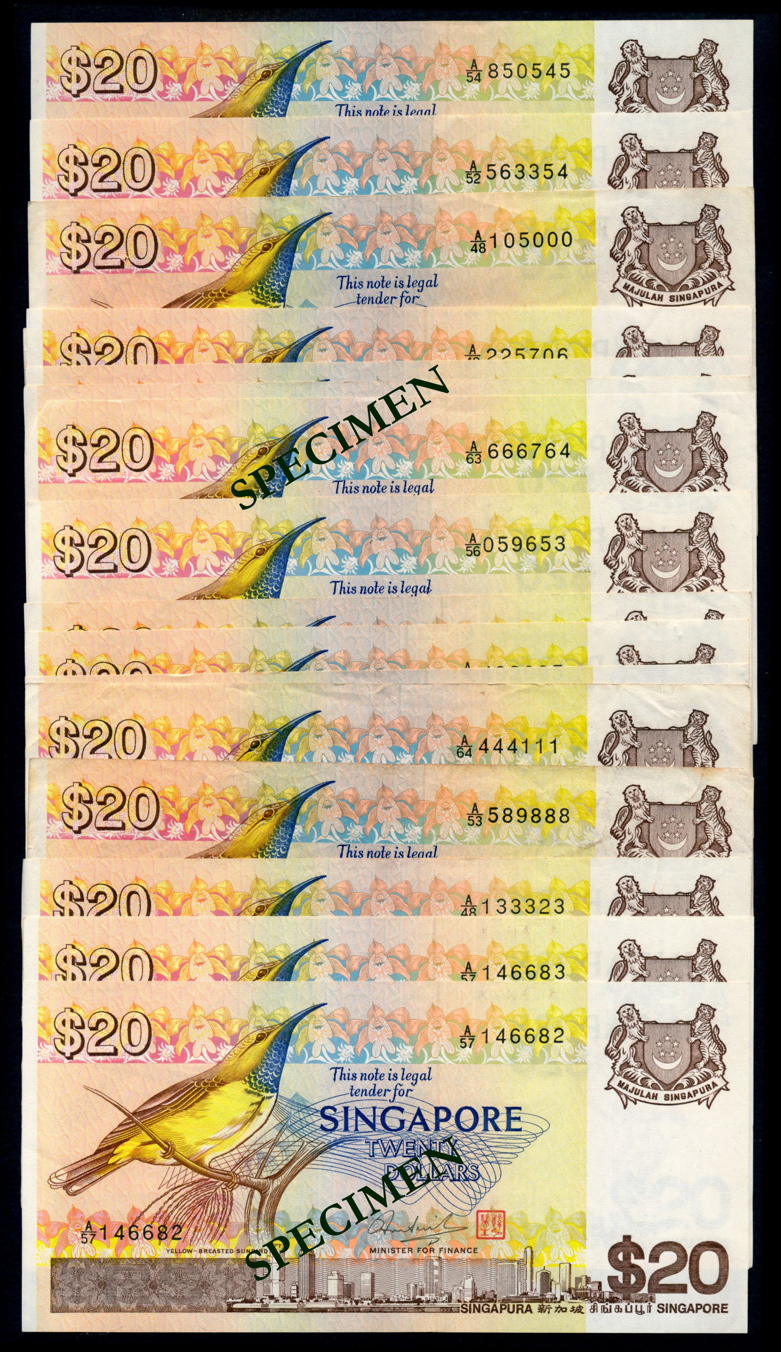 Singapore 19x$20 1979 bird: Singapore $20 (19), (1979), bird, various serial nos., ageing, generally VF. (19)