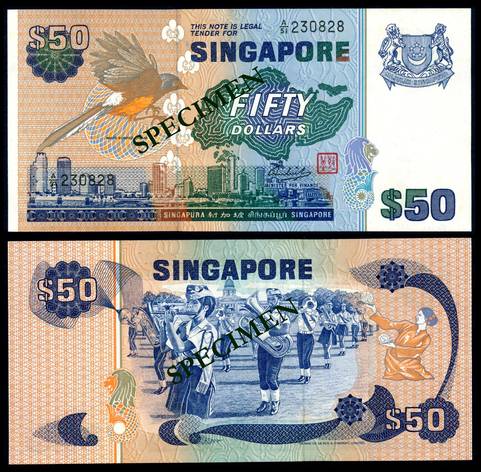 Singapore $50 1976 bird: Singapore $50, (1976), bird, segmented security thread, serial no. A/51 230828, crisp, ageing, GVF.