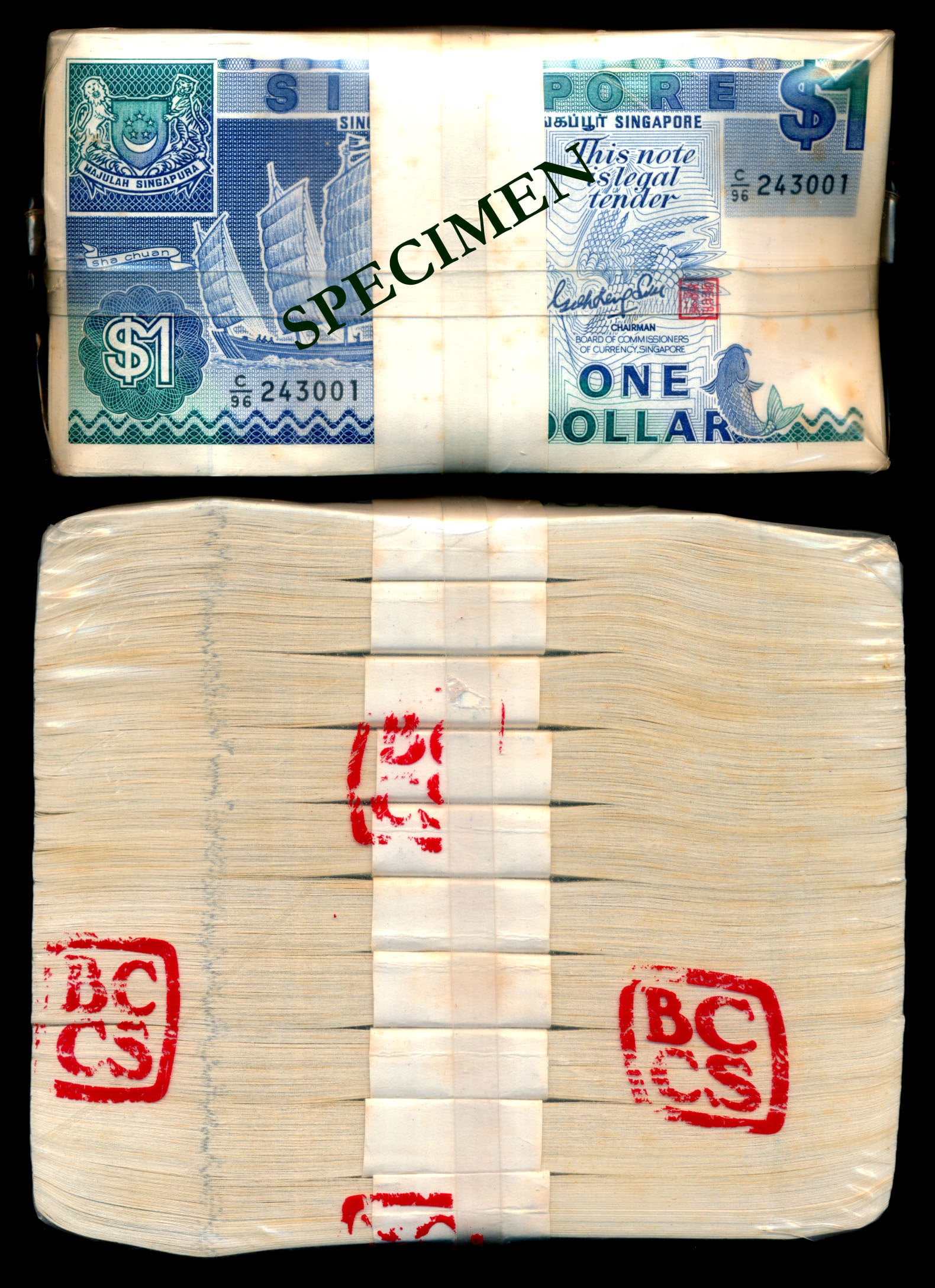 Singapore $1 1987 ship GKS block 1000 notes: Singapore $1, (1987), ship, sign. Goh Keng Swee, in a plastic sealed block said to contain 1000 notes, 1st note serial no. C/96 243001, last note serial no. C/96 244000, condition of notes unchecked, 