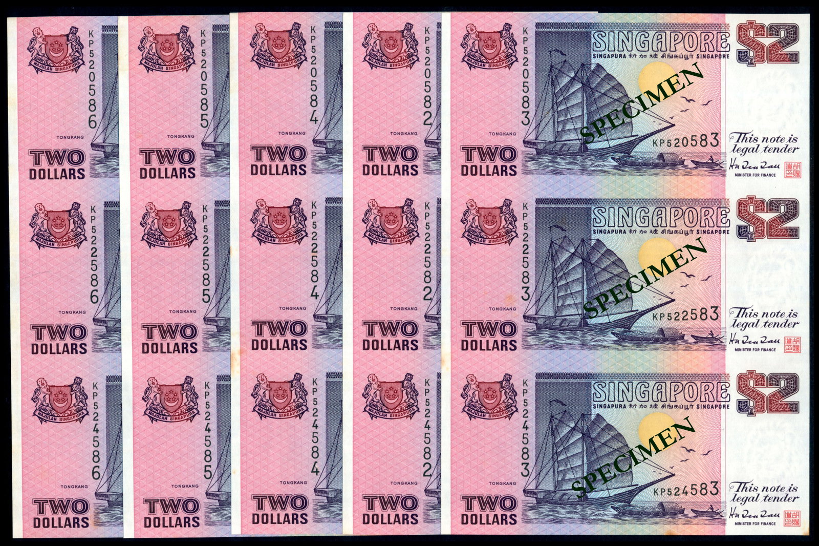 5 Singapore $2 1992 ship purple 3-in-1: Singapore $2, (1992), ship, purple, 5 consecutive uncut sheets of 3, top serial nos. KP 520582 to 586, ageing on uncut sheets and folders, AU-UNC, each sheet with a BCCS folder. Viewing recommended, s