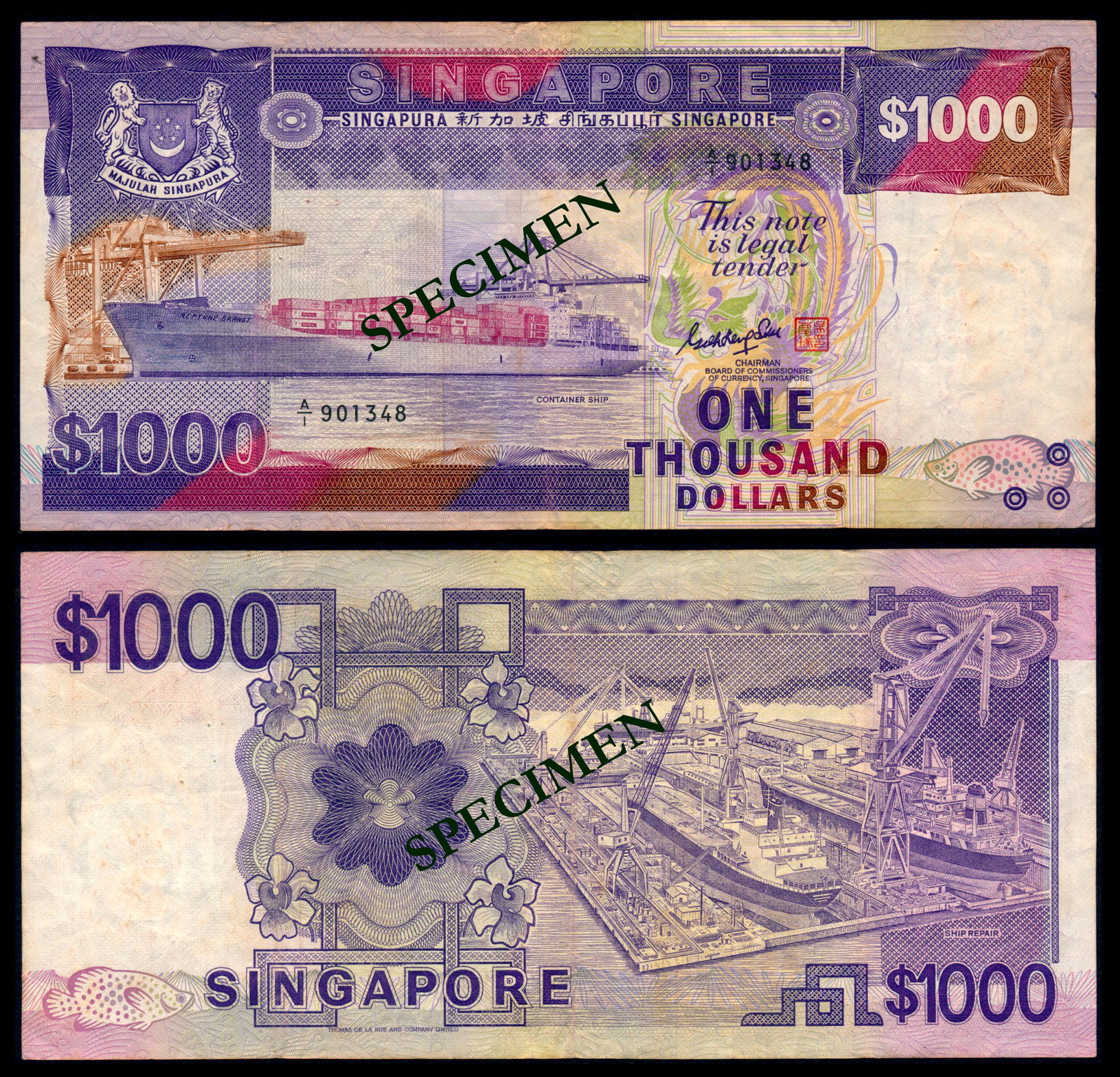 Singapore $1000 1984 ship GKS 1st prefix: Singapore $1000, (1984), ship, sign. Goh Keng Swee, serial no. A/1 901348, 1st prefix, holes, stains, ageing, fine.