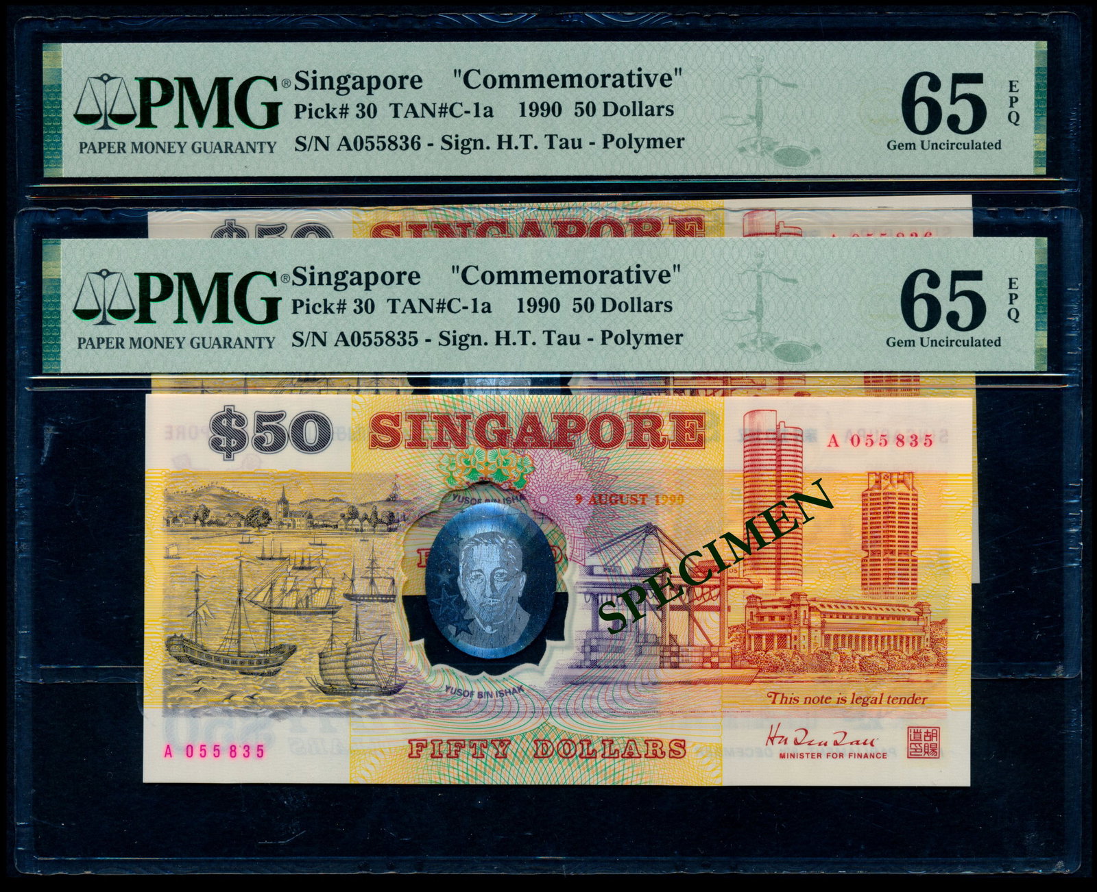 Singapore 2x$50 1990 HTT PMG: Singapore $50, 9 August 1990, President Ishak, sign. Hu Tsu Tau, polymer, commemorative, serial nos. A 055835 to 836, consecutive pair, both graded PMG Gem UNC65EPQ. (2)