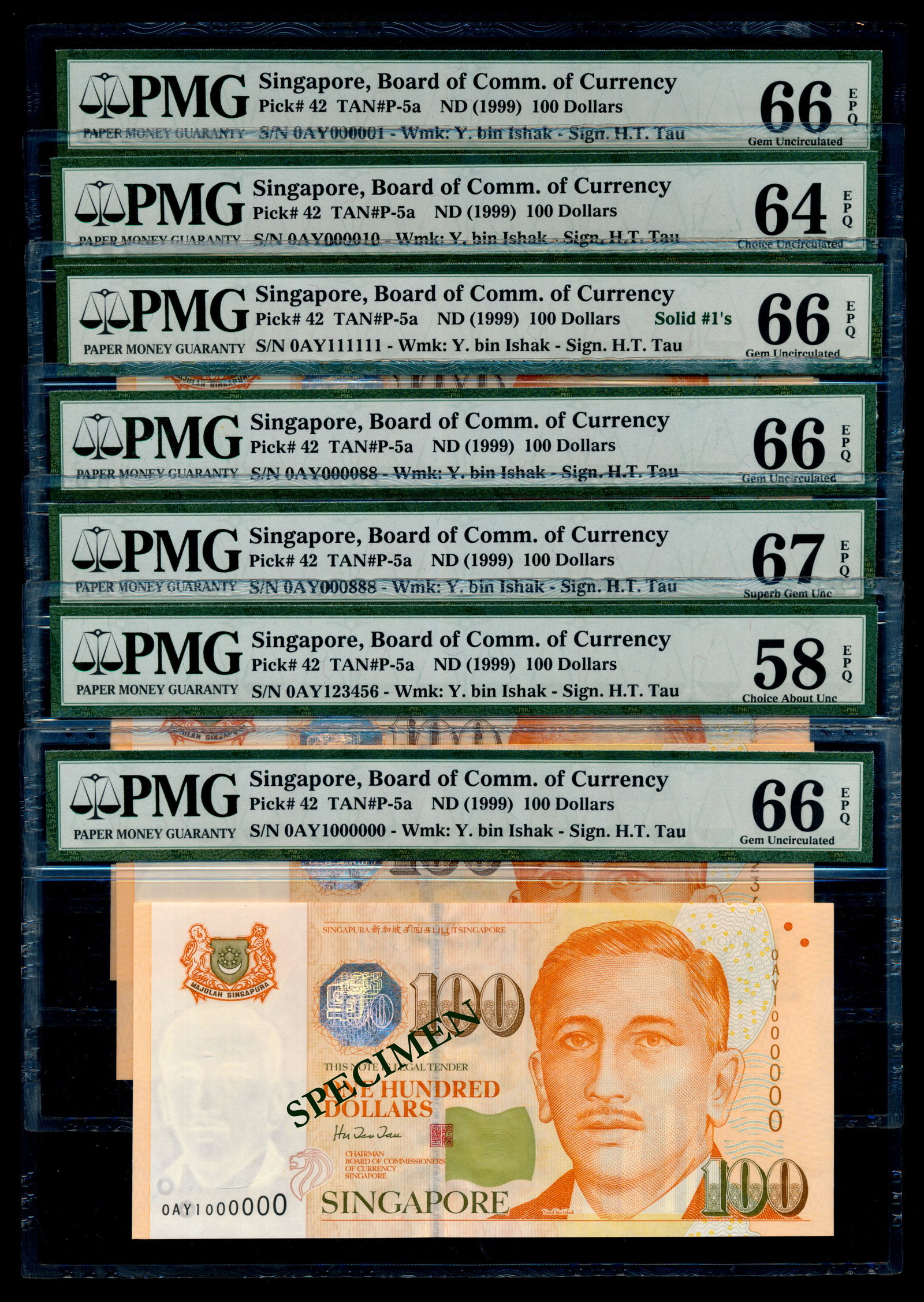 Singapore 25x$100 1999 HTT prefix 0AY PMG (1 of 1)