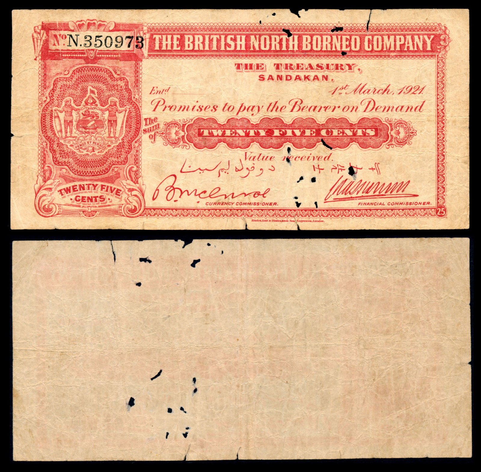 British North Borneo 25c 1921: British North Borneo British North Borneo Company, 25 Cents, 1 March 1921, (P.12b), serial no. 350973, worm damage, fine.