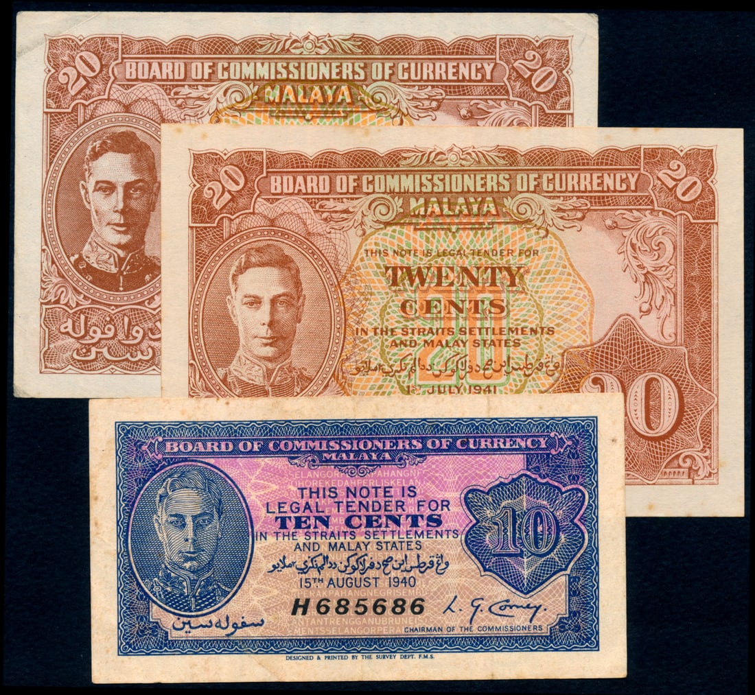 3 Malaya 10c-20c 1940-41 KGVI: Malaya 10 Cents, 15 August 1940, King George VI, (P.2; Tan M1), serial no. H 685686; 20 Cents (2), 1 July 1941, King George VI, (P.9b; Tan M5d); ageing, stains, generally VF. (3)