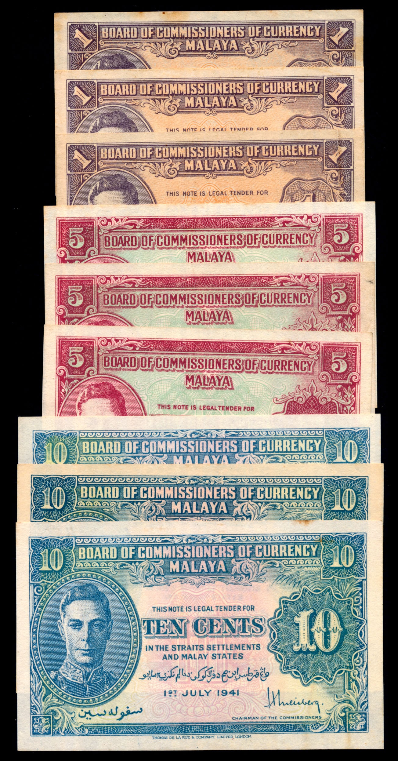 9 Malaya 1c-10c 1941 KGVI: Malaya 1 (3), 5 (3), 10 (3) Cents, 1 July 1941, King George VI, (P.6, 7b, 8a; Tan M2, M3, M4); ageing, stains, generally VF-AU. (9)