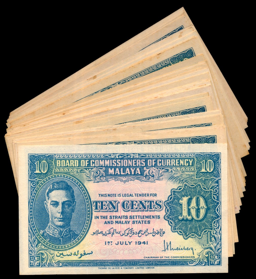 Malaya 40x10c 1941 KGVI: Malaya 10 Cents, 1 July 1941, King George VI, (P.8a; Tan M4), uniface, ageing, stains, VF-AU. (40)