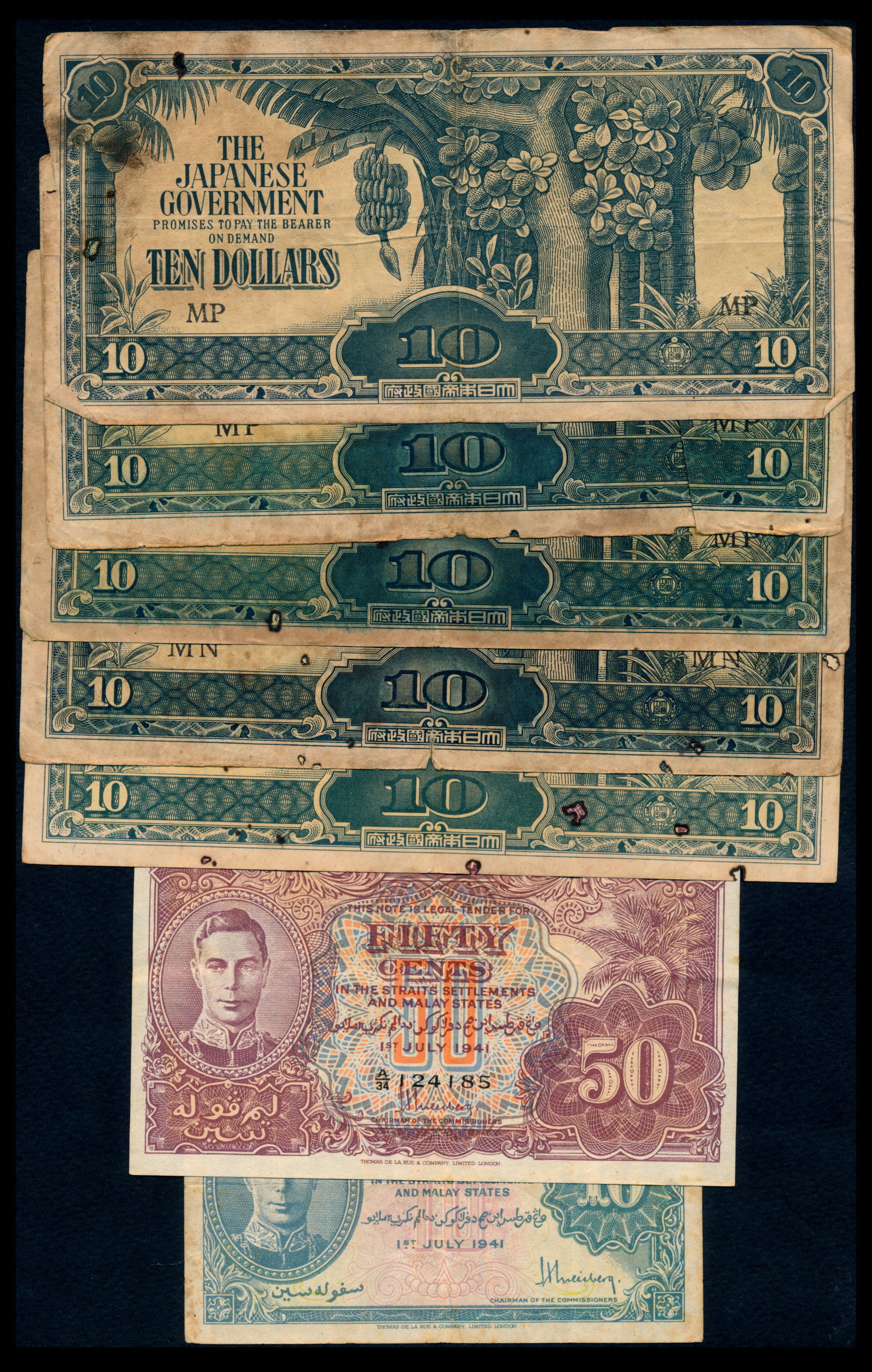 7 Malaya 10c-50c KGVI Jap Govt $10 1941-44: Malaya 10, 50 Cents, 1 July 1941, King George VI, (P.8a; Tan M4), the 50 Cents serial no. A/34 124185; Japanese Government, $10, ND (1942-44), (P.M7a), block MP (4), block MN, stains, ageing, some wit