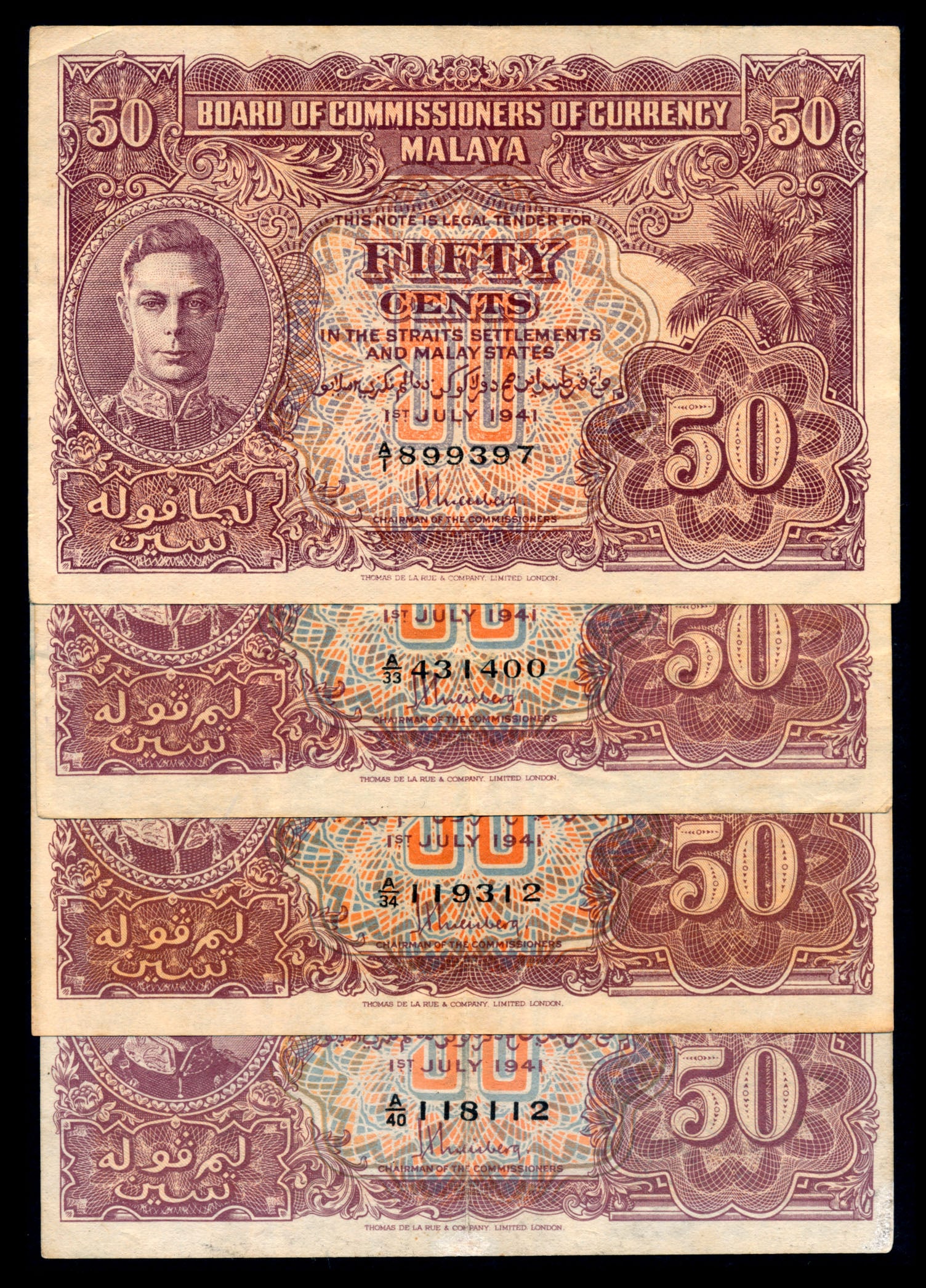Malaya 4x50c 1941 KGVI: Malaya 50 Cents, 1 July 1941, King George VI, (P.10a(1), 10b(3); Tan M7), serial nos. A/1 899397, A/33 431400, A/34 119312, A/40 118112, ageing, stains, AVF-VF. (4)