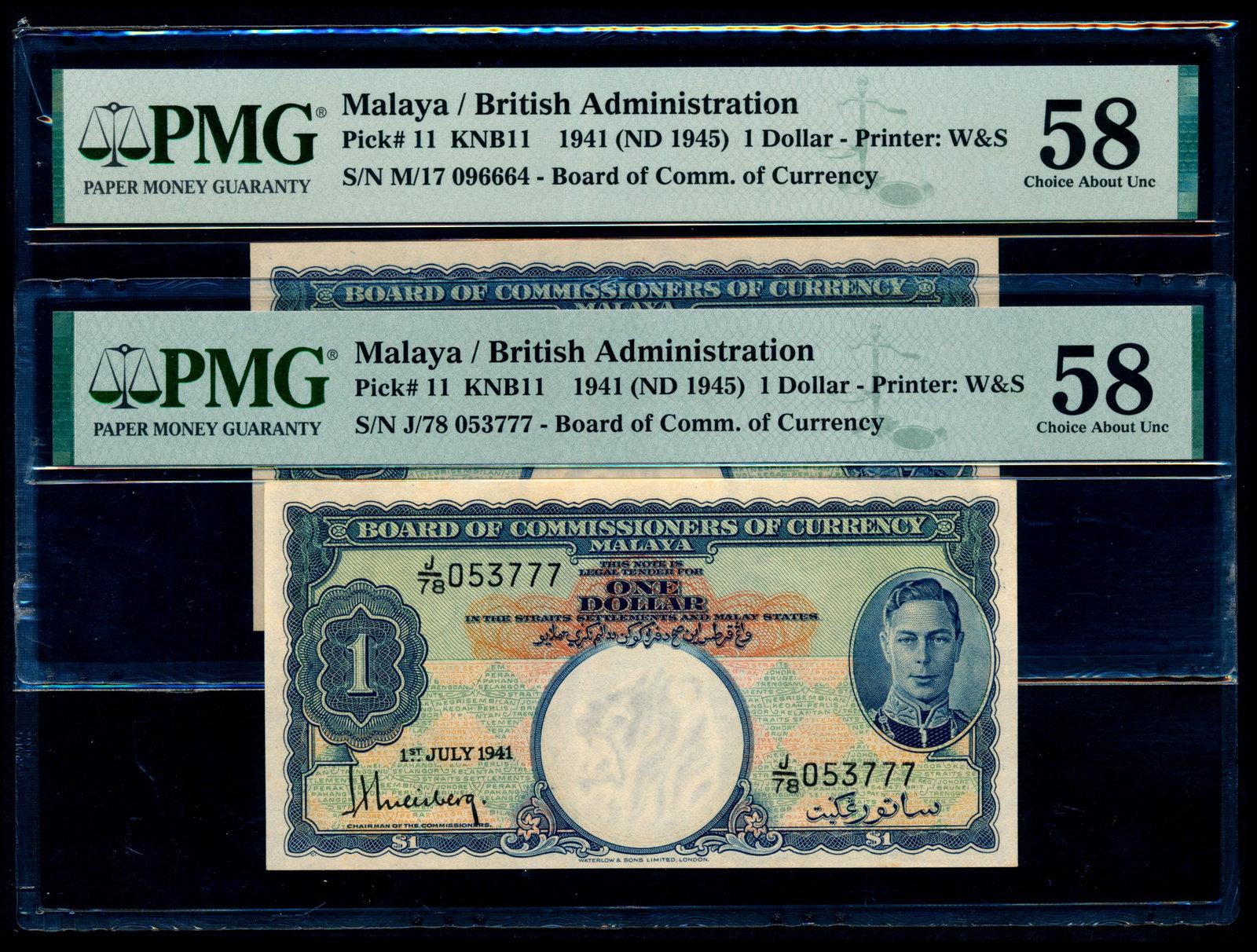 Malaya 2x$1 1941 KGVI PMG: Malaya $1 (2), 1 July 1941, King George VI, (P.11; Tan M9), serial nos. J/78 053777, M/17 096664, both graded PMG Choice AU58. (2)