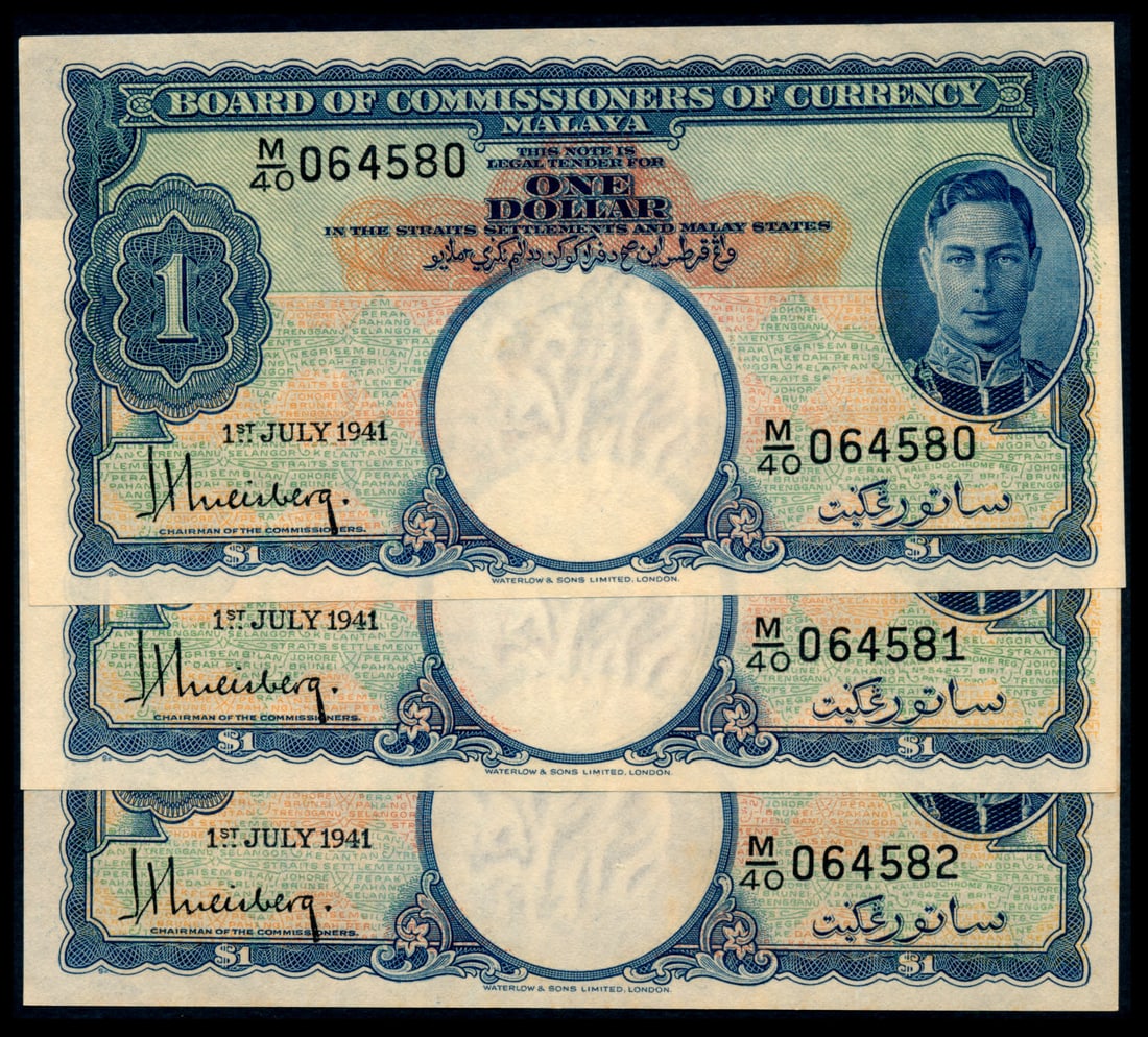 Malaya 3x$1 1941 KGVI: Malaya $1, 1 July 1941, King George VI, (P.11; Tan M9), serial nos. M/40 064580 to 582, 3 consecutive notes, ageing, generally AU. (3)