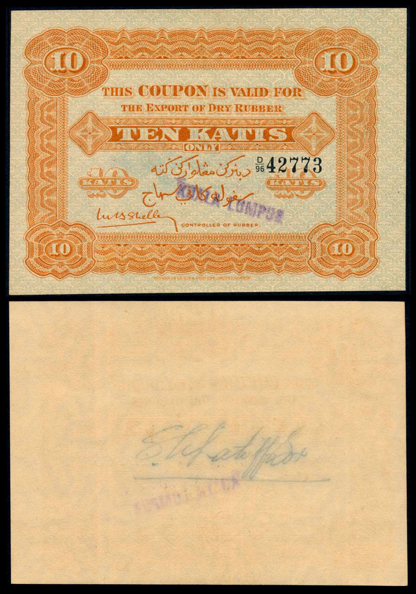 Malaya Rubber Export Coupon 10 Katis 1928-34 (1 of 1)